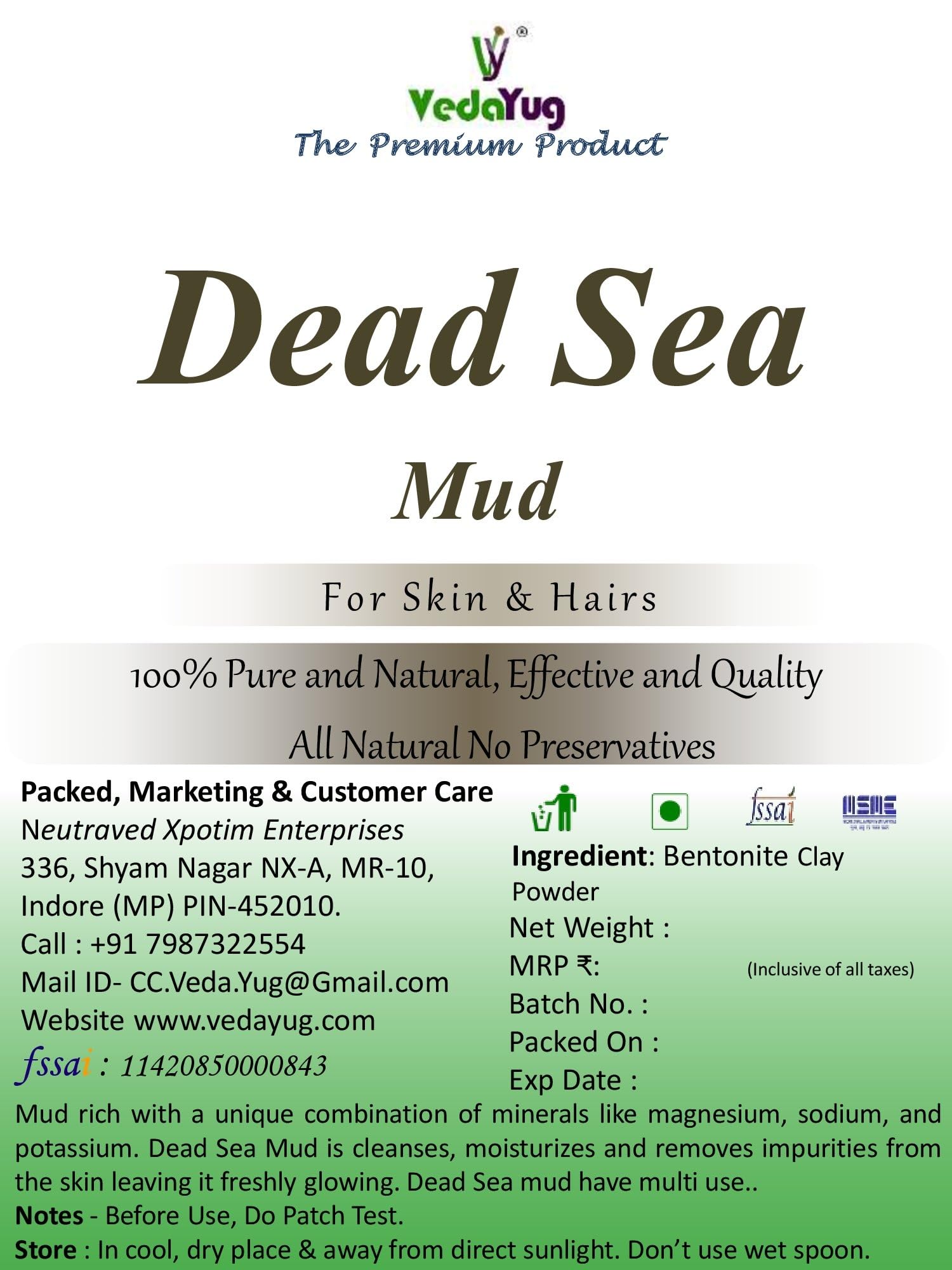 VY VedaYug Pure Dead Sea Mud Powder for Face & Body - 400g, Natural Skin Detox & Exfoliation, Deep Cleansing Mask for Acne, Blackheads & Oily Skin - Spa Quality at Home