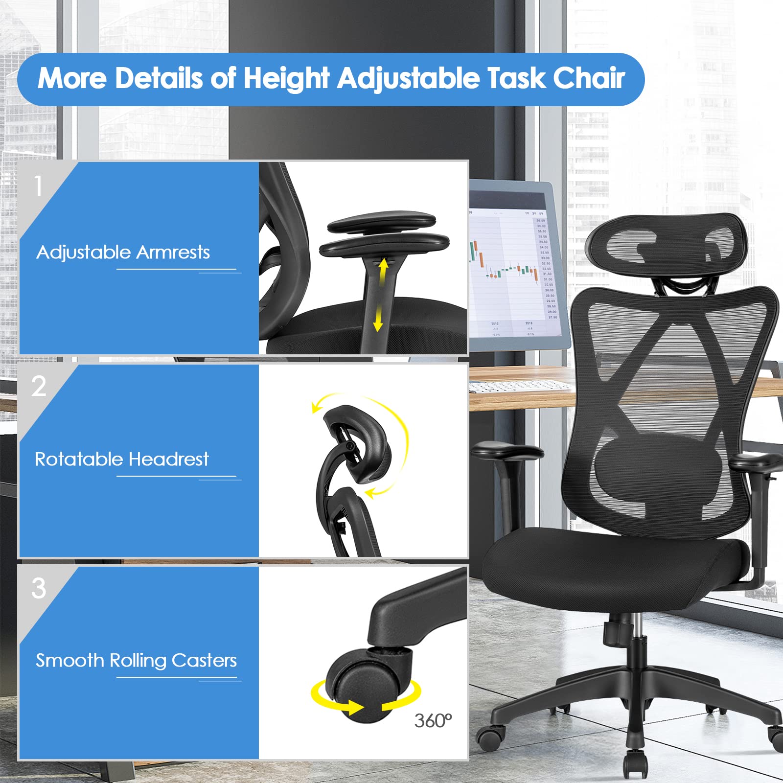 COSTWAY Ergonomic Executive Office Chair - High Back Mesh Computer Desk Chair with Adjustable Lumbar Support, Armrests & Headrest, Reclining Function - Swivel Task Chair for Home Office (Black) | Perfect for Long Work Hours & Remote Work Setup