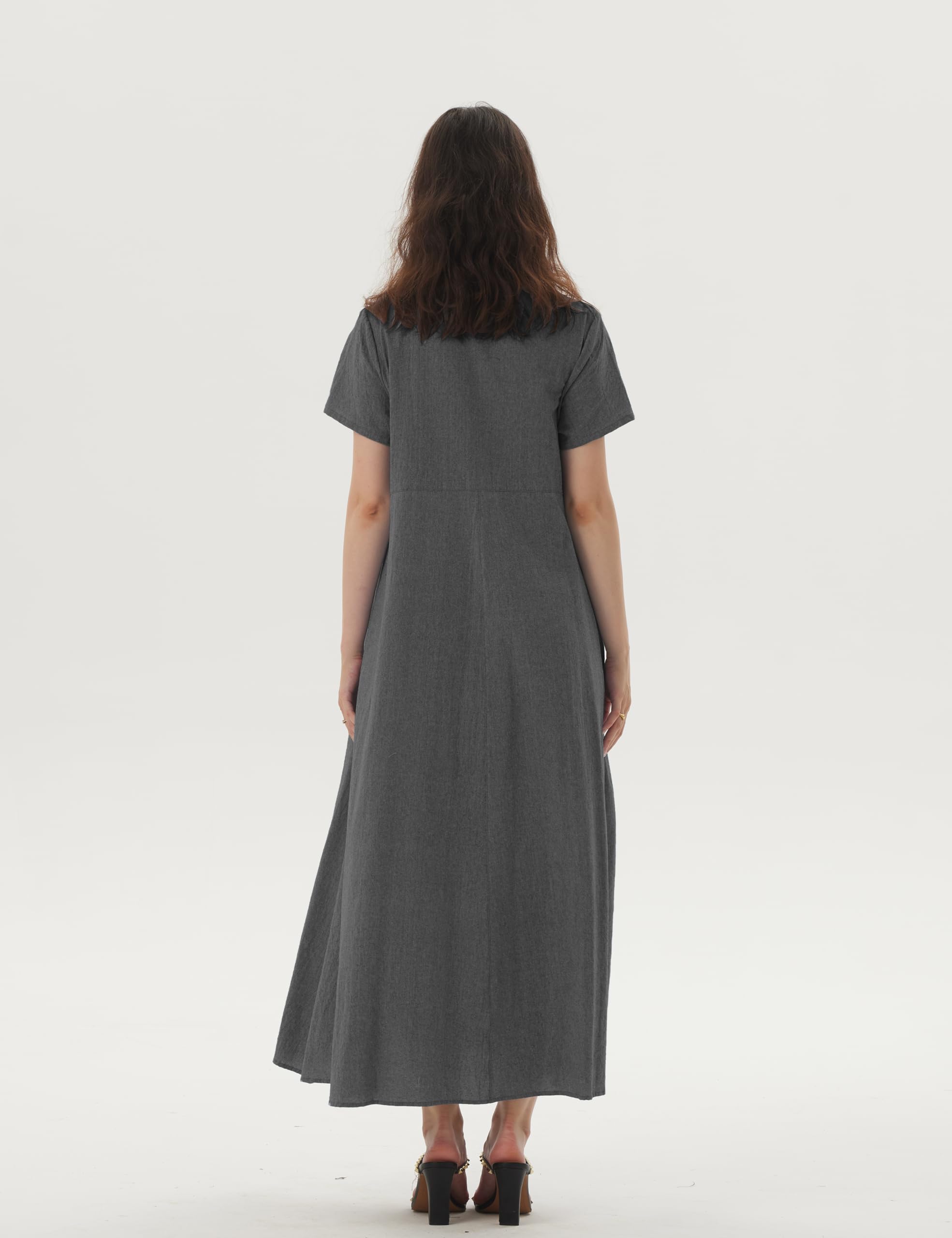 Women's Summer Linen Maxi Dress - Short Sleeve Boat Neck Casual Fashion Dress (S, Black Gray) | Perfect for Beach Vacations, Brunch Dates & Summer Outings