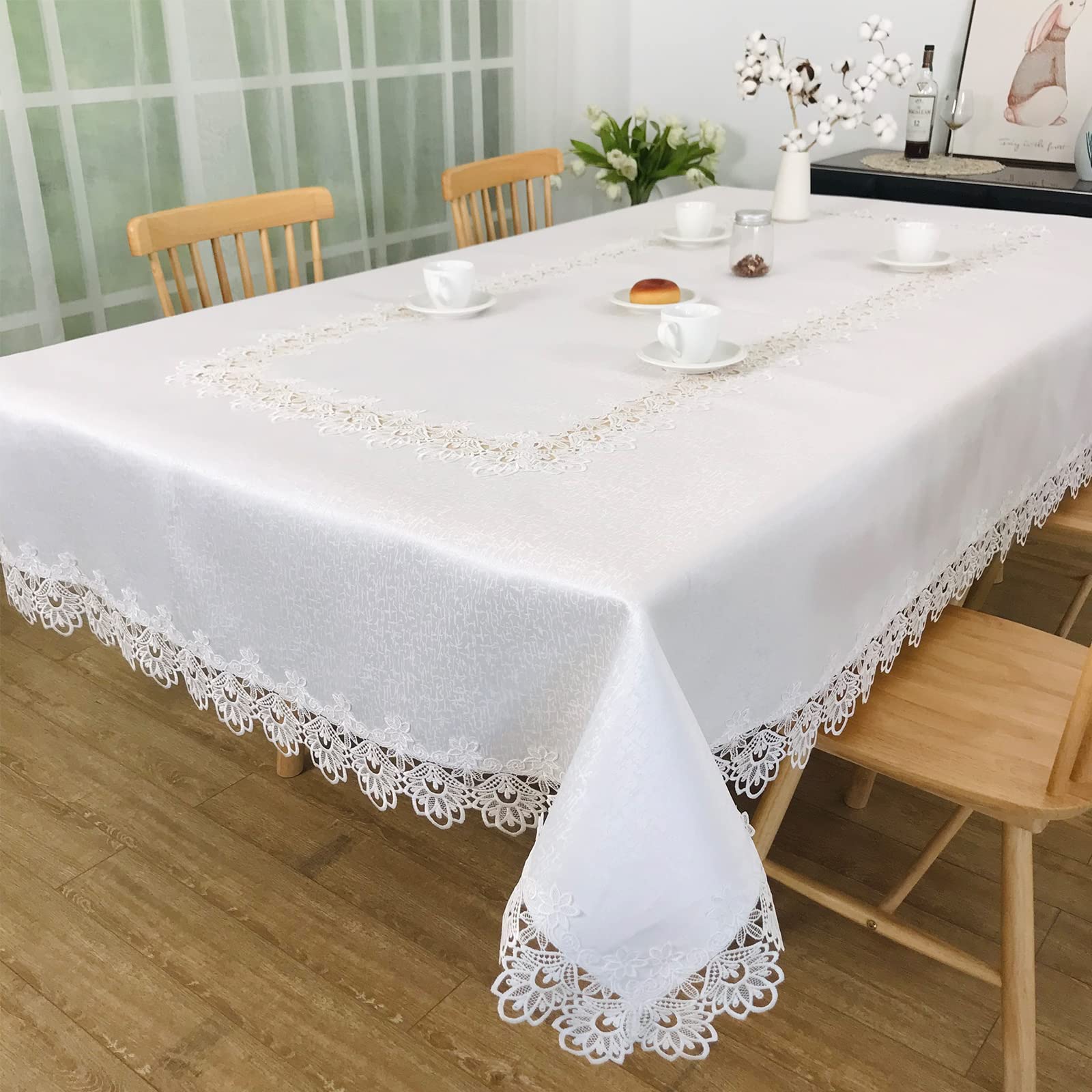 Elegant Peony Lace Tablecloth 72 x 108 Inches - Washable Rectangle Table Linen for Dining Room, Holiday Party, Wedding, Farmhouse & Outdoor Decor - Perfect for Easter, Christmas & Home Celebrations