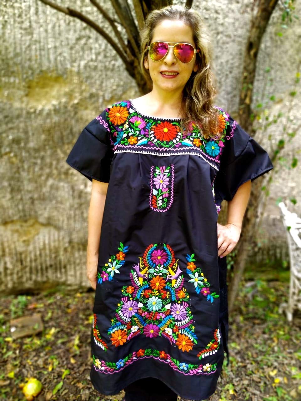 Authentic Mexican Black Embroidered Dress for Women - Elegant Plus Size Floral Maxi Dress for Parties, Weddings & Special Occasions
