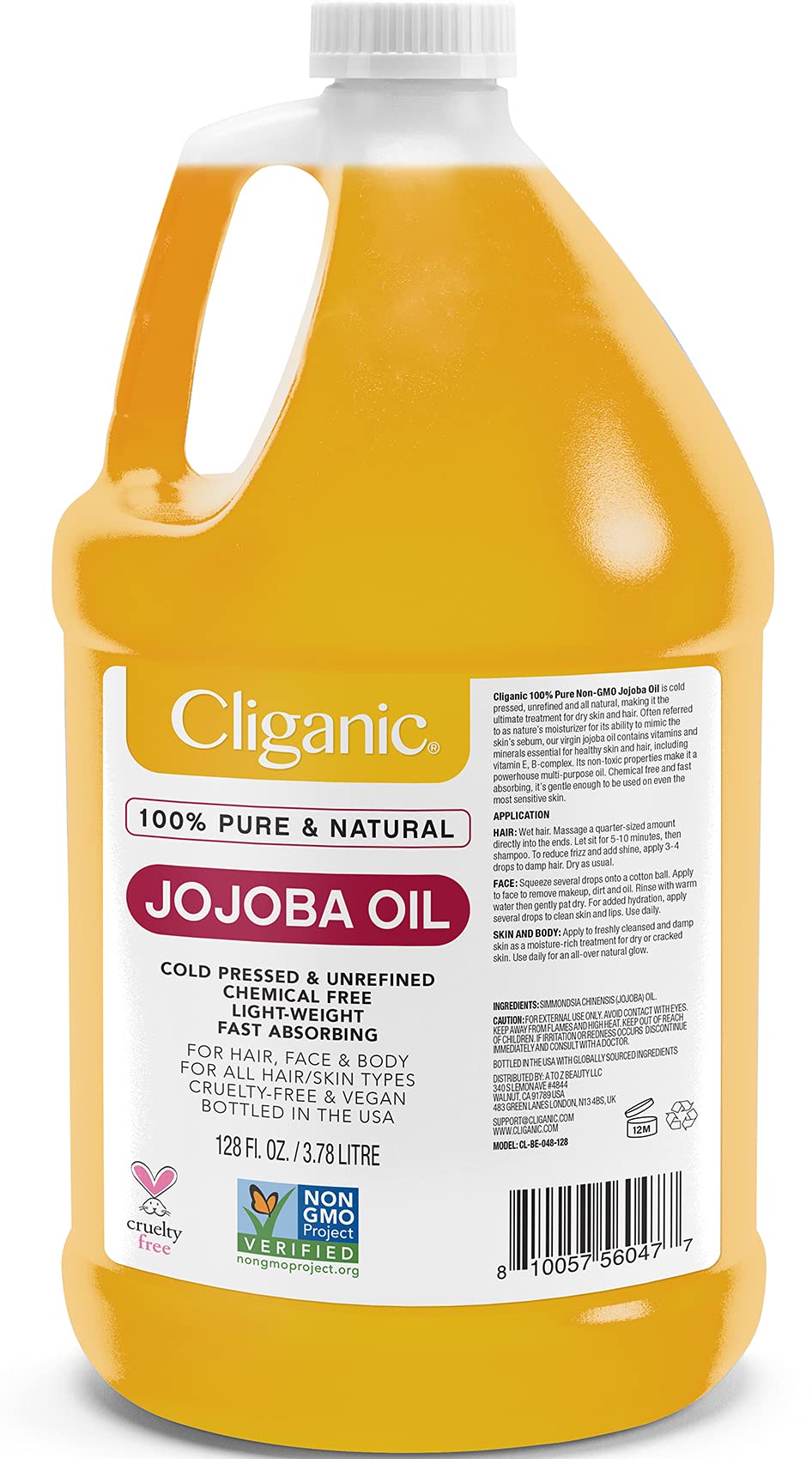 Cliganic 100% Pure Natural Cold Pressed Jojoba Oil - Non-GMO, Unrefined, Hexane Free (128oz Bulk Gallon) for Hair Growth, Skin Care & Face Moisturizing | Perfect for DIY Beauty, Massage & Aromatherapy