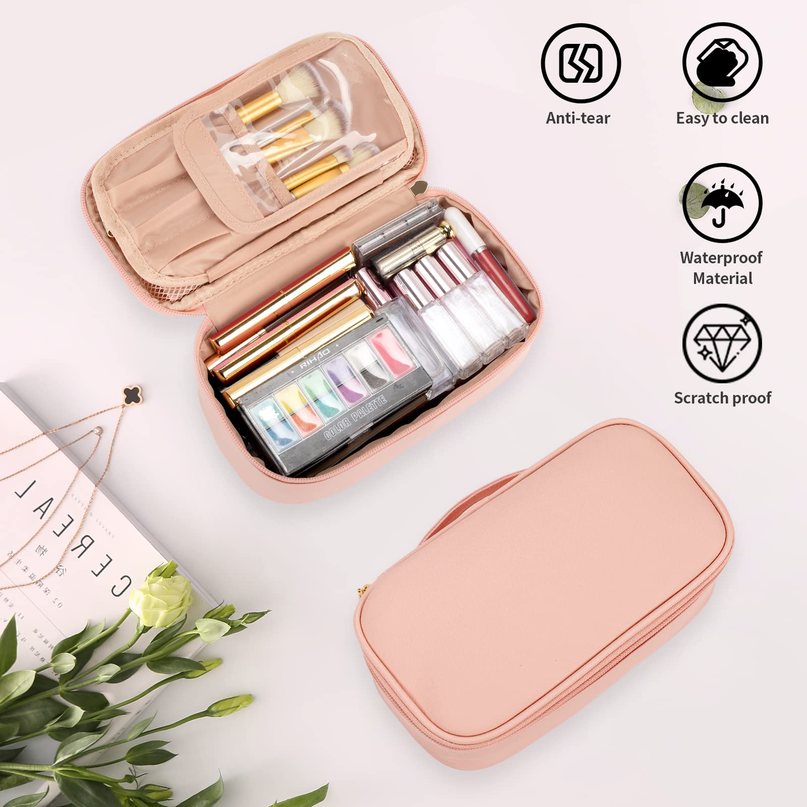 OCHEAL Small Pink Cosmetic Bag for Women & Girls - Portable Travel Makeup Pouch with Brush Organizer | Perfect for Travel, Gym & Daily Essentials Storage