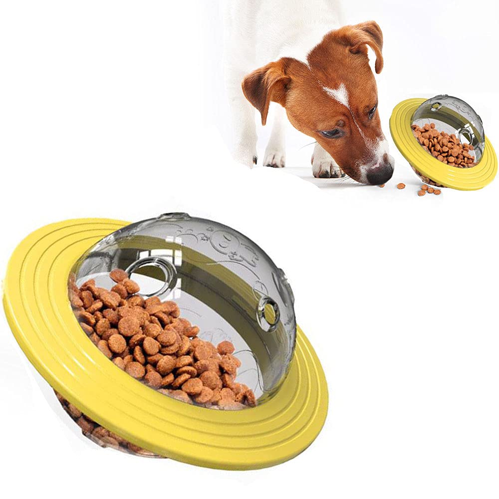 Interactive Dog IQ Treat Ball - Slow Feeder & Puzzle Toy for Dogs - Treat Dispensing UFO Ball for Playing, Chasing & Chewing - Yellow (Great for Mental Stimulation & Reducing Fast Eating)