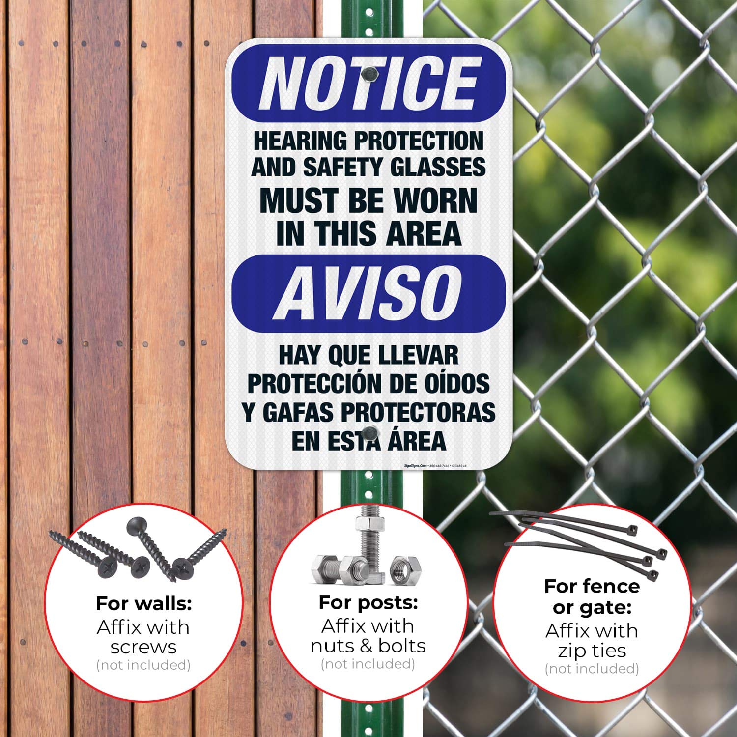 OSHA Compliant Bilingual Safety Sign - 'Hearing Protection & Safety Glasses Required' - 12x18 Inches, 3M EGP Reflective .063 Aluminum - Fade Resistant for Indoor/Outdoor Use - Made in USA - Perfect for Construction Sites, Factories & Hazardous Work Areas