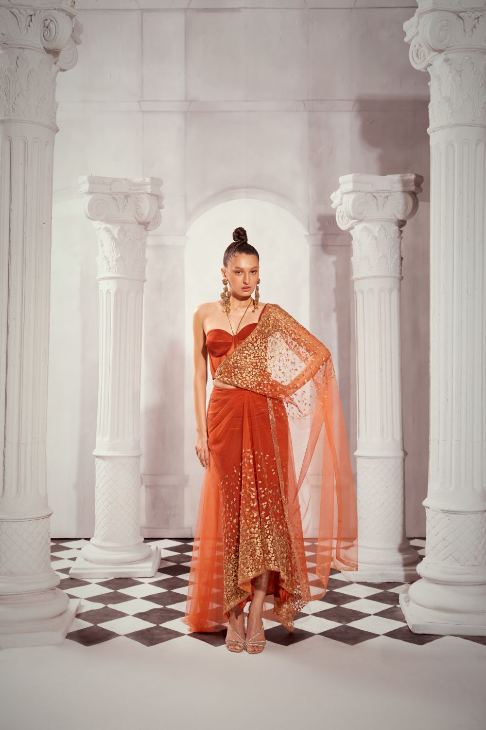 Elegant Leopard Print Aari Embroidered Pre-Draped Saree with Bustier - Perfect for Weddings, Parties & Special Occasions