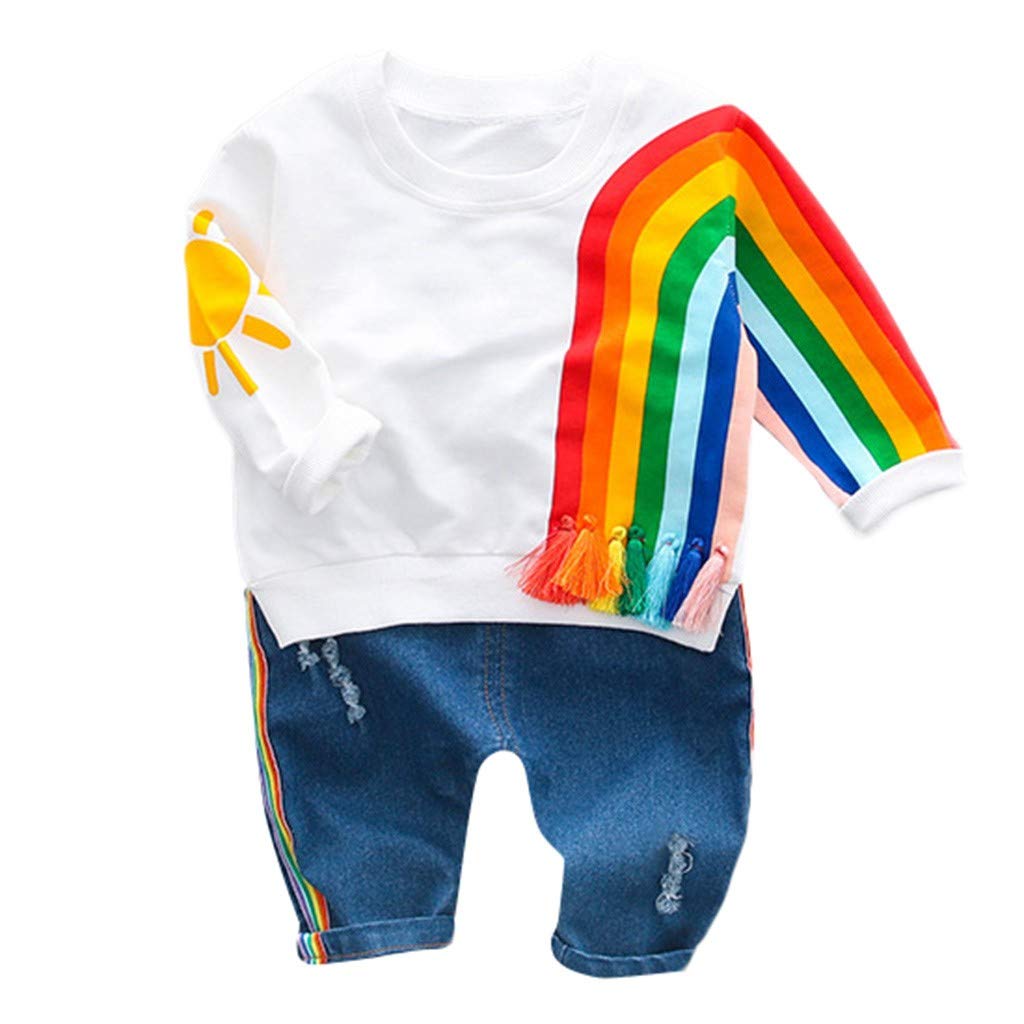 **Rainbow Print Baby T-Shirt & Jeans Outfit Set for Toddler Boys & Girls - Soft Cotton Kids Clothes (White, Size 90) - Perfect for Playdates, Birthday Parties & Family Photos**
