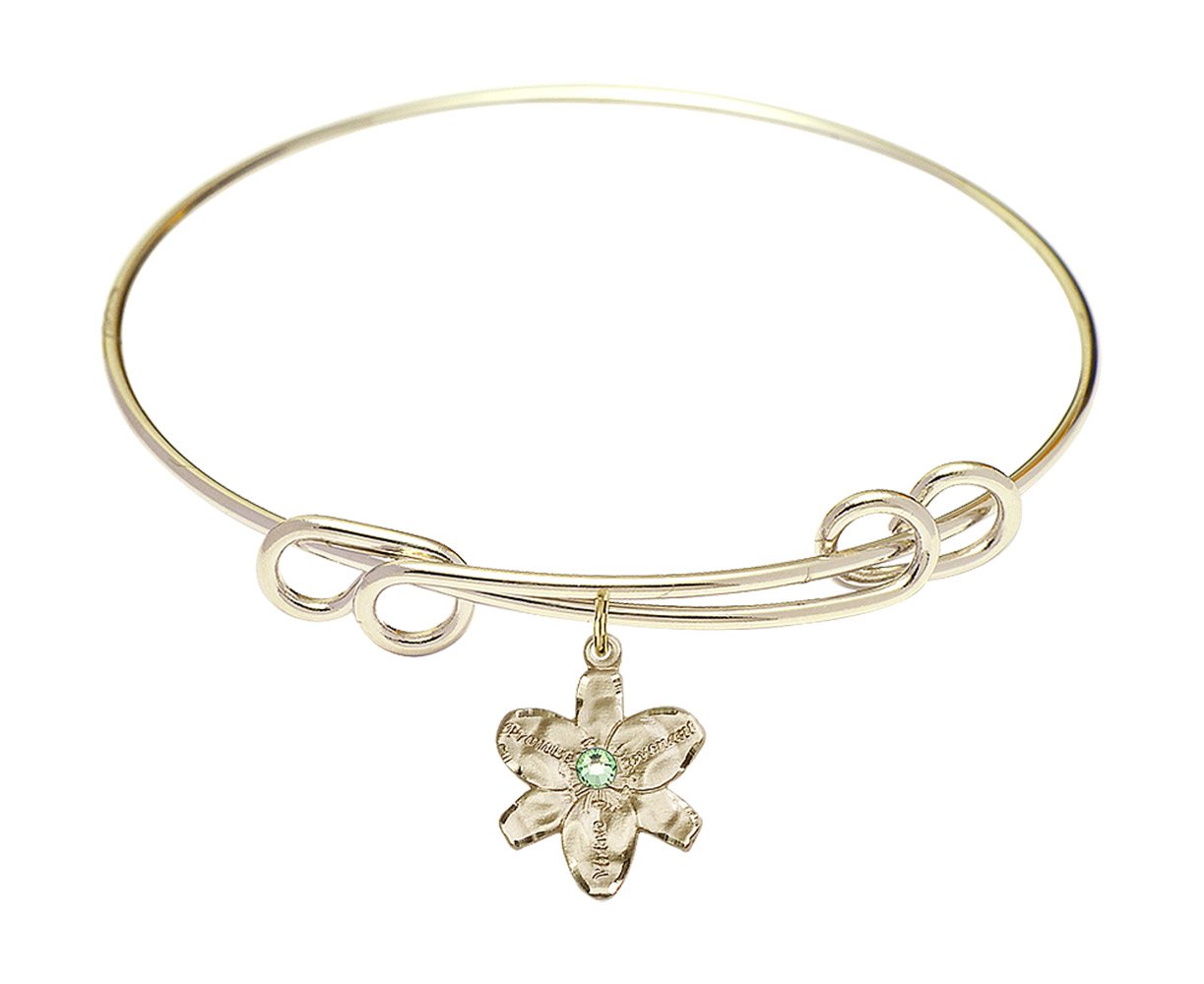 8 1/2 Inch Round Double Loop Bangle Bracelet with Chastity Medal Charm & August Green Crystal - Elegant Jewelry for Women, Perfect for Weddings, Anniversaries and Special Occasions