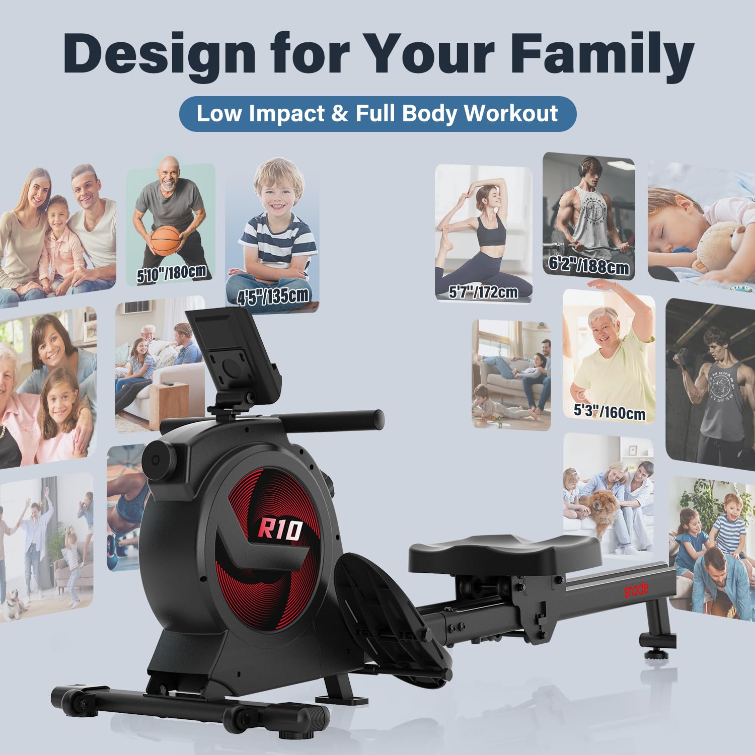 SNODE Rowing Machine for Home Use - 350lb Weight Capacity, LCD Monitor, Ergonomic Seat & Dual Rail System - Perfect for Home Gym, Cardio Workouts & Full Body Exercise