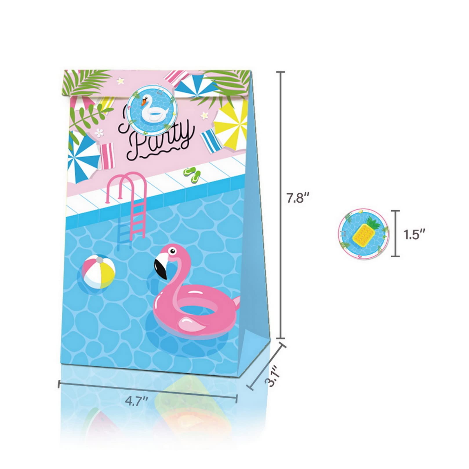 COSFAN 12 Pack Summer Pool Beach Paper Gift Bags - Tropical Hawaiian Luau Party Decorations, Swimming Pool Theme Treat Bags for Candy & Favors with Stickers | Perfect for Pool Parties, Beach Events & Summer Celebrations