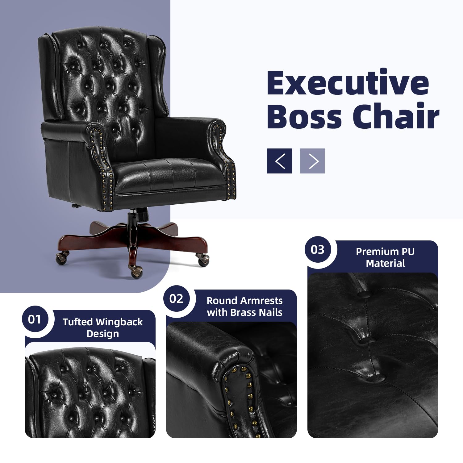 Premium Faux Leather Tufted Office Chair - High Back Executive Desk Chair with Nail Head Trim & Ergonomic Wingback Design for Home Office, Gaming, and Living Room - Deep Black - Perfect for Long Work Sessions, Video Calls, and Comfortable Relaxation