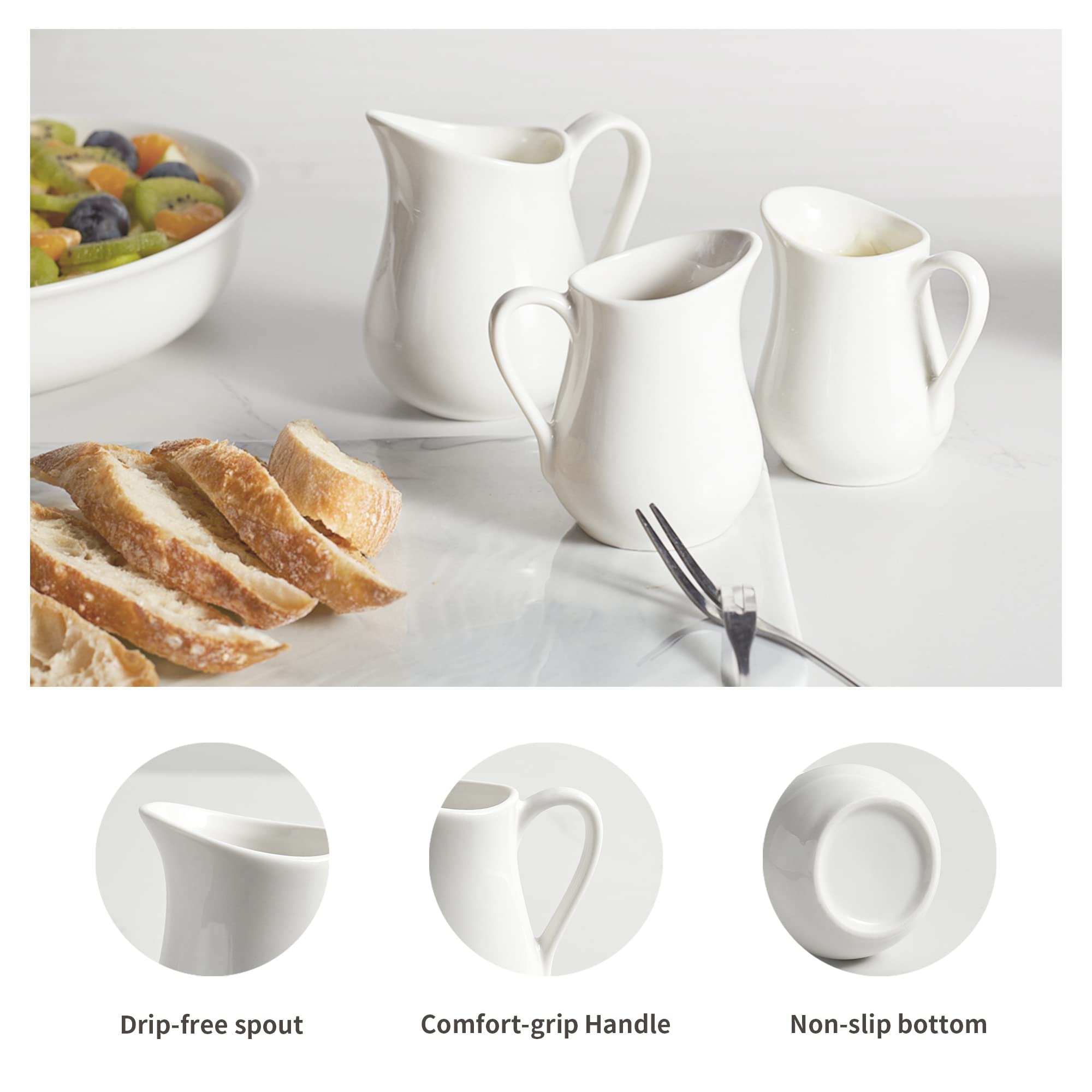 Gurygo 2 Pack 4 Oz Classic White Ceramic Creamer Pitcher with Handle - Fine Porcelain Milk Jug for Coffee, Tea, Sauces & Salad Dressing - Microwave & Freezer Safe - Perfect for Restaurants, Cafes & Home Kitchen Use