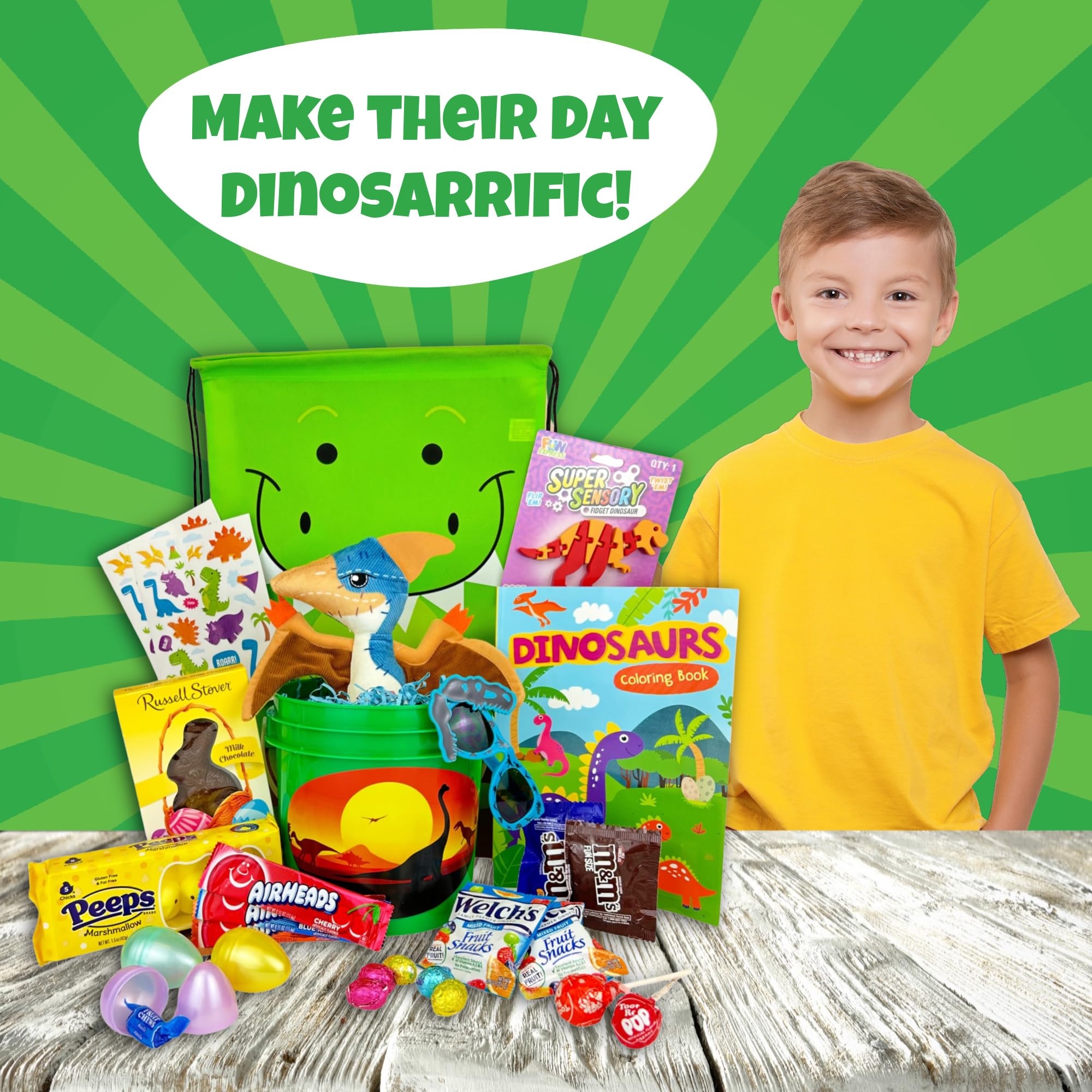 Dinosaur Easter Gift Basket for Kids - Boys & Girls Easter Basket with Candy, Chocolate & Easter Eggs - Perfect Easter Care Package for Family, Friends & Classroom Parties