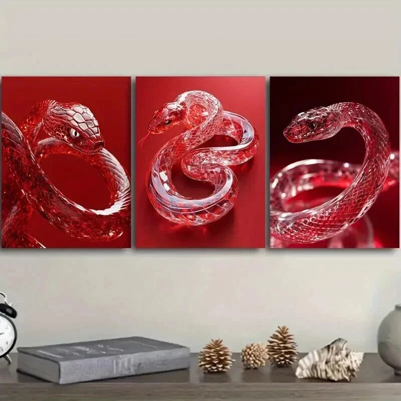 3Pcs Red Crystal Snake Wall Art Set - Framed Canvas Prints 50x70cm - High Quality Australian Made Wall Decor - Ready to Hang - Perfect for Living Room, Bedroom & Office Decor
