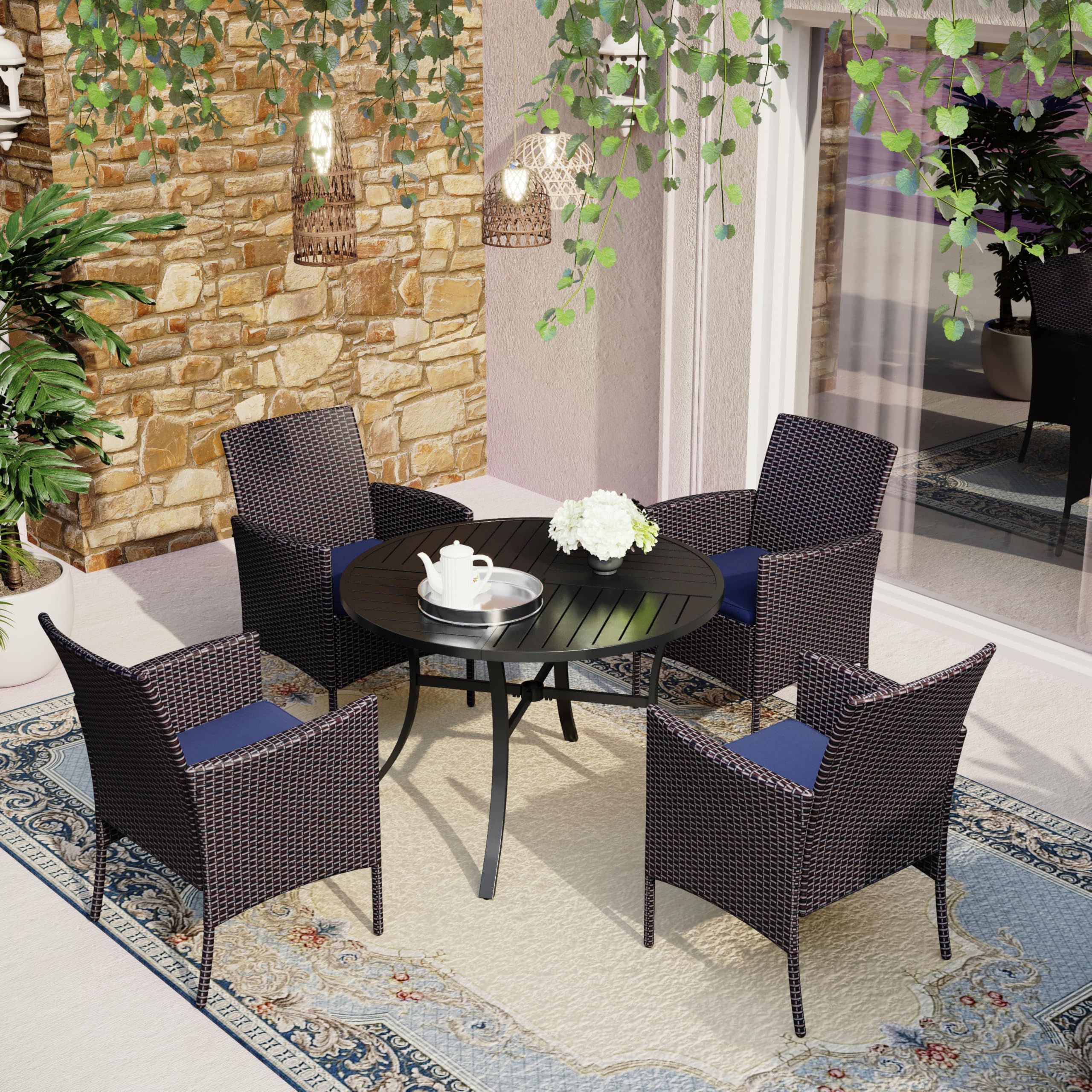 MFSTUDIO 4-Piece Brown Woven Rattan Outdoor Dining Chairs Set with Cushions - Oversized Wicker Patio Furniture for Backyard, Garden, Poolside - Heavy Duty 330lbs Capacity - Perfect for Outdoor Entertaining & Relaxation