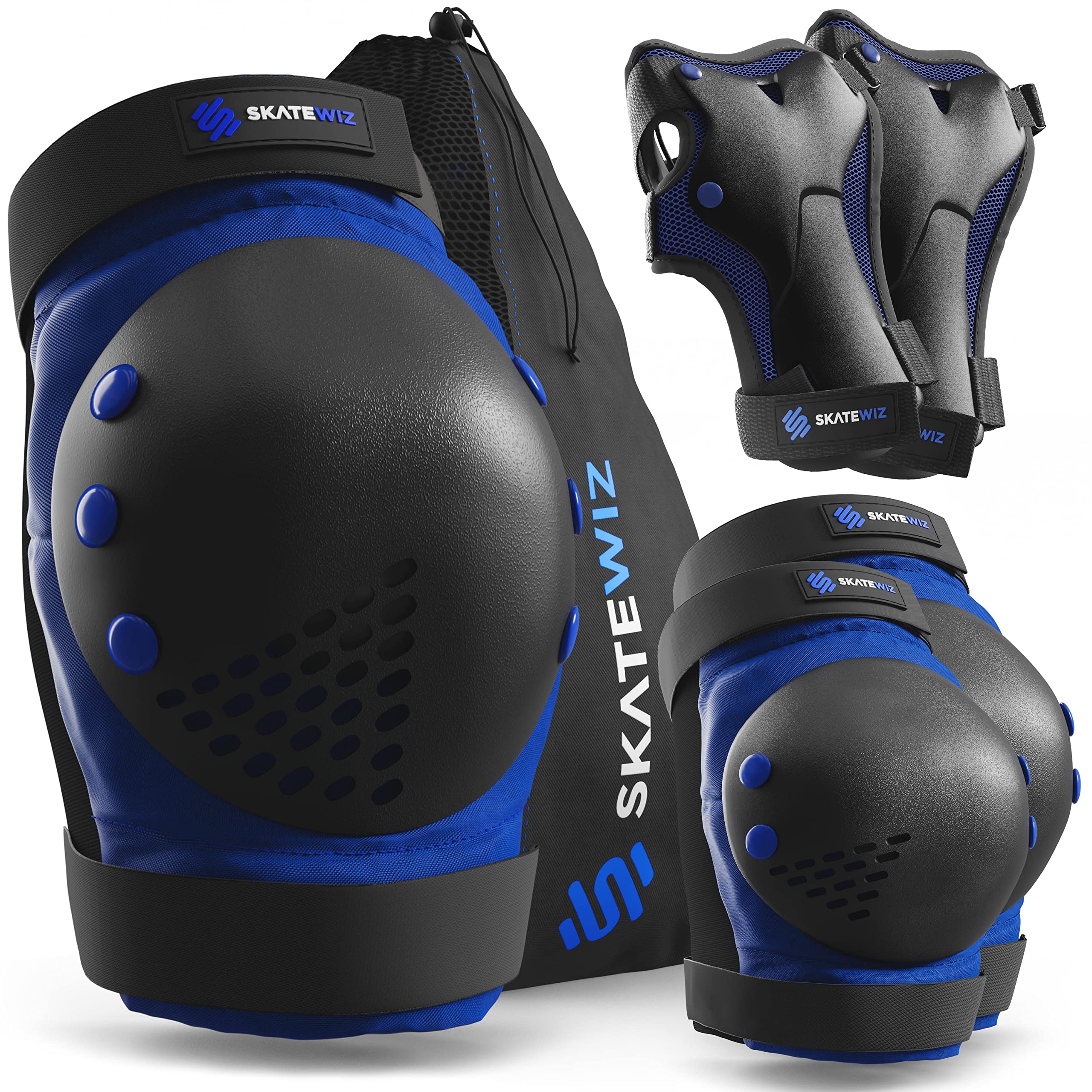 SKATEWIZ Kids & Adults Skateboard Protective Gear Set - 6pc Roller Skating Pads (Elbow Pads, Knee Pads, Wrist Guards) for Roller Derby, Skateboarding & Outdoor Sports Safety