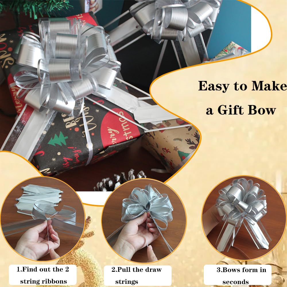 6pcs Silver Pull Bows for Gift Wrapping - Wedding, Christmas, Party Decor