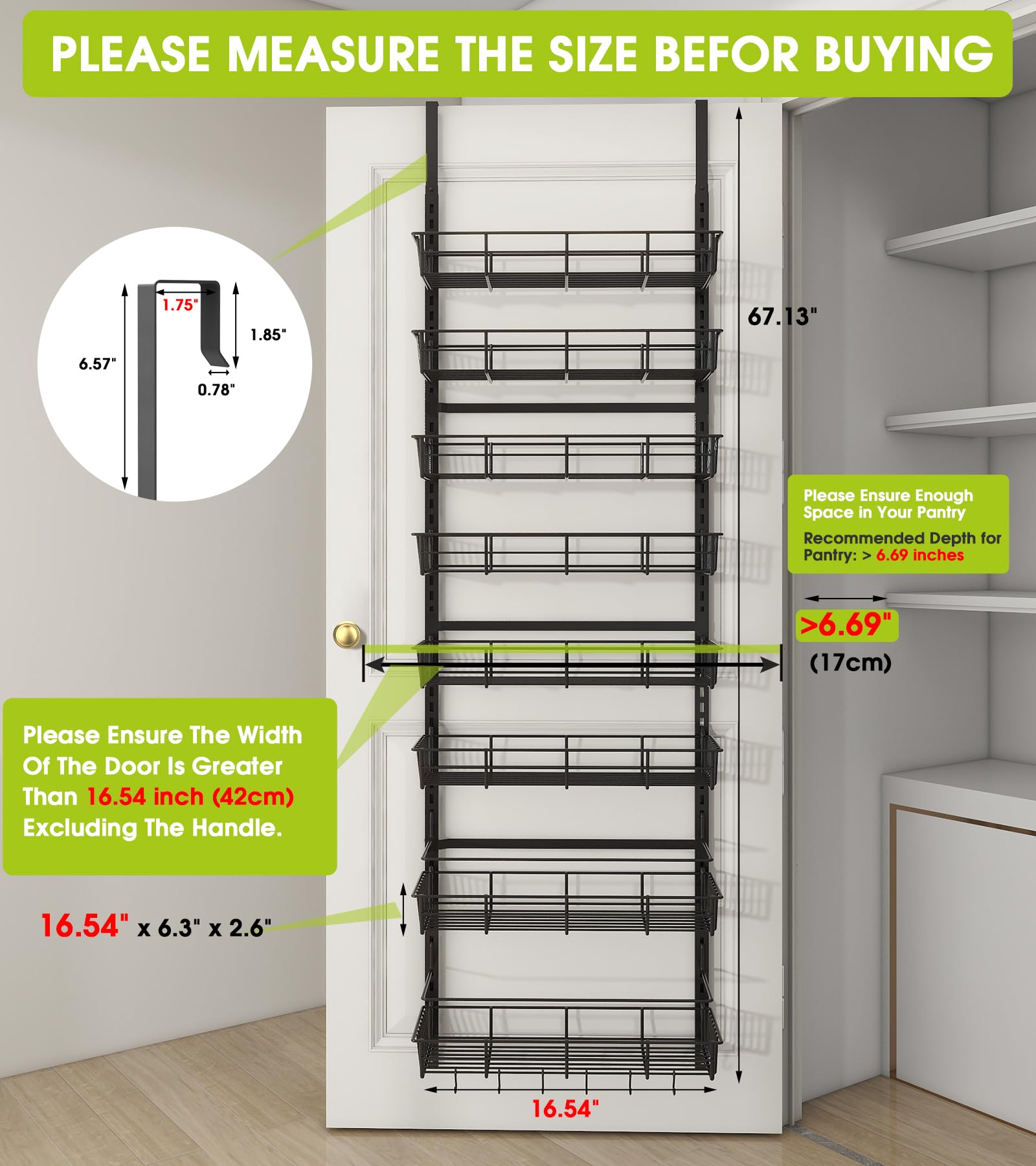 Over The Door Pantry Organizer - Heavy Duty Metal Wall Mount Spice Rack with 8 Adjustable Baskets, Hanging Storage for Kitchen & Home Organization - Black (Perfect for Small Spaces, Pantry Doors, and Seasoning Storage)