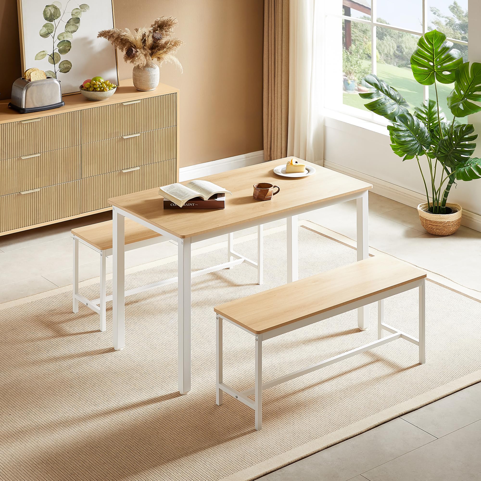 Modern 3-Piece Dining Room Set with Bench - Rectangular Table & Chairs for 4, Metal & Wood Design (Wood Top/White Legs) - Perfect for Small Spaces, Apartments & Cozy Kitchens