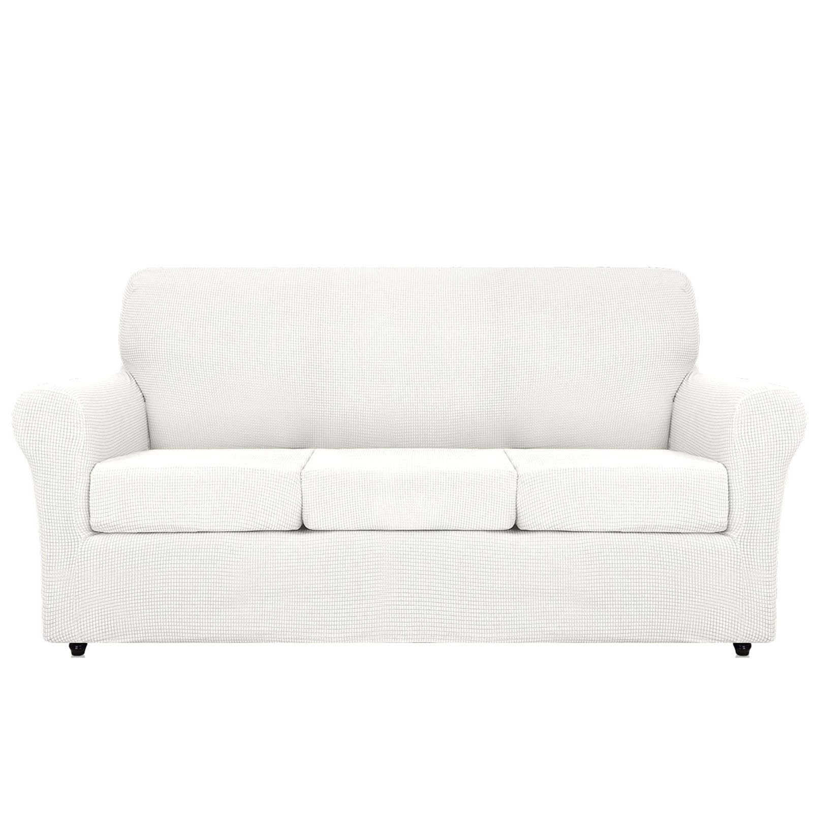 Jacquard Stretch Sofa Slipcover - Large White Non-Slip Furniture Protector for 3-Seater Couches | Removable Washable Sofa Cover for Living Room | Pet & Kid Friendly Durable Fabric | Perfect for Homes with Cats, Dogs, and Children