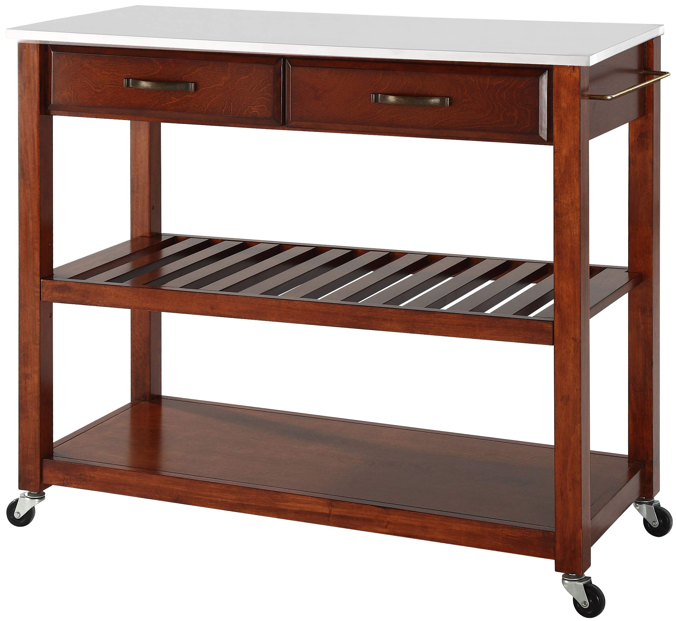 Crosley Furniture Cherry Wood Kitchen Prep Rolling Cart with Stone Top - Microwave Stand, Coffee Bar Station, Storage Shelves - Perfect for Small Kitchens, Apartments & Dorm Rooms