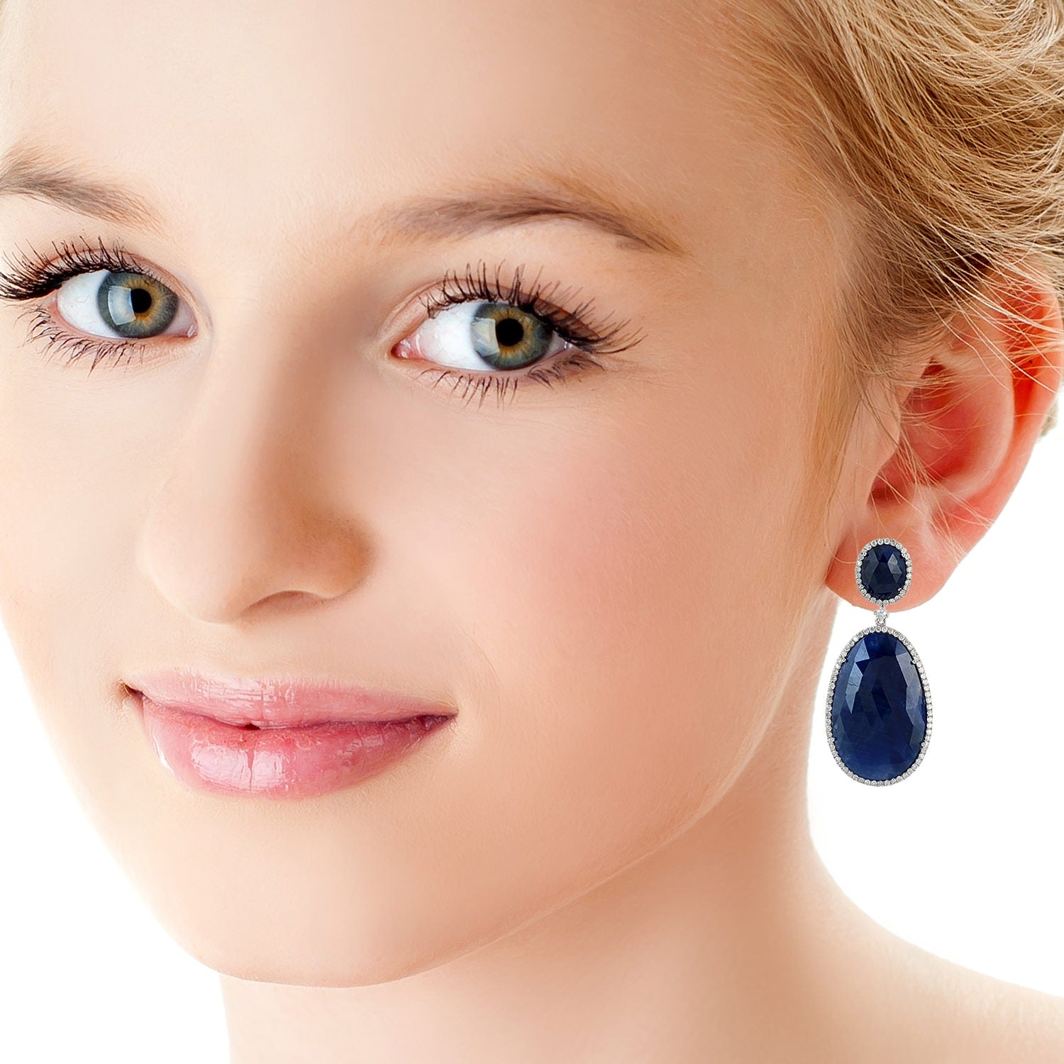 Blue Sapphire & Diamond Dangler Earrings in 14K White Gold – Oval Cut Gemstone Prong Setting for Weddings & Evening Events