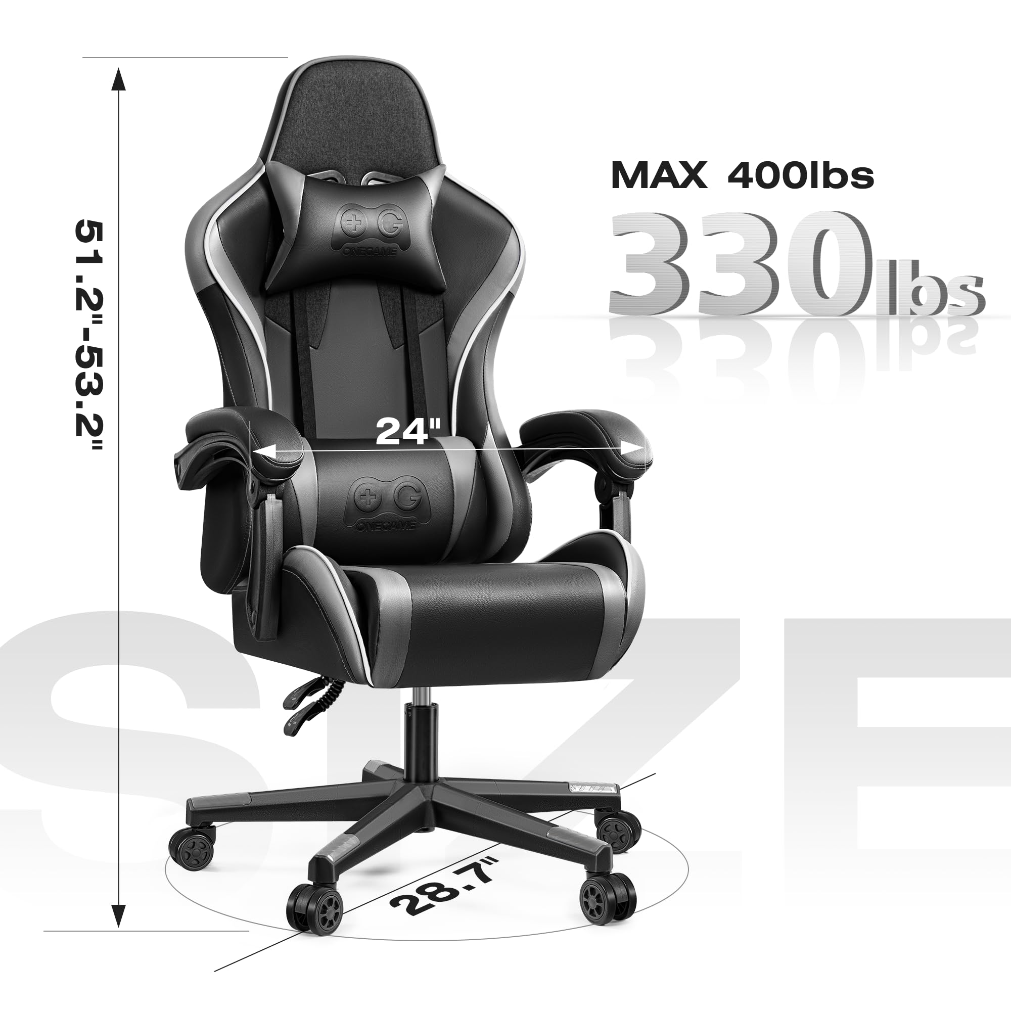 OneGame Ergonomic Gaming Chair - High Back Racing Style Computer Desk Chair with Adjustable Lumbar Support, Swivel & Reclining for Office & Home Use - Black Gray - Perfect for PC Gaming, Streaming & Long Work Sessions