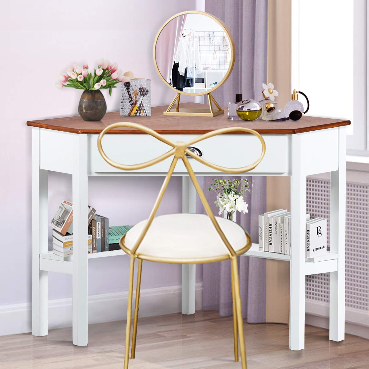 Tangkula 90-Degree Corner Desk with Drawer & Storage Shelves - Compact Computer Desk & Makeup Vanity for Small Spaces (Natural & White) - Perfect for Home Office, Dorm Room & Bedroom Workspace