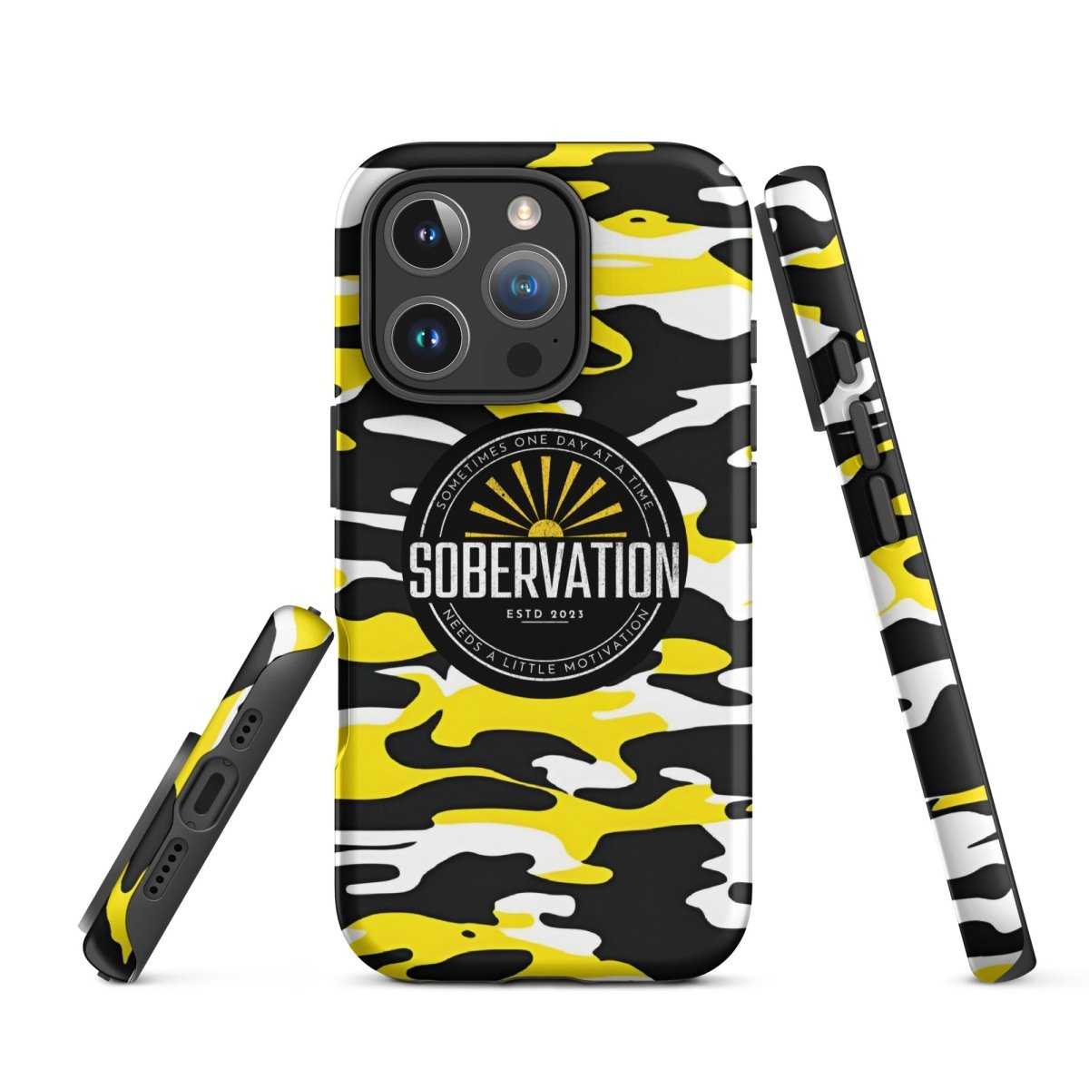 Sobervation Yellow Camo iPhone Case - Durable Shockproof Protective Cover for iPhone 14/13/12/11 Pro Max XR XS - Perfect for Outdoor Adventures, Hiking & Travel