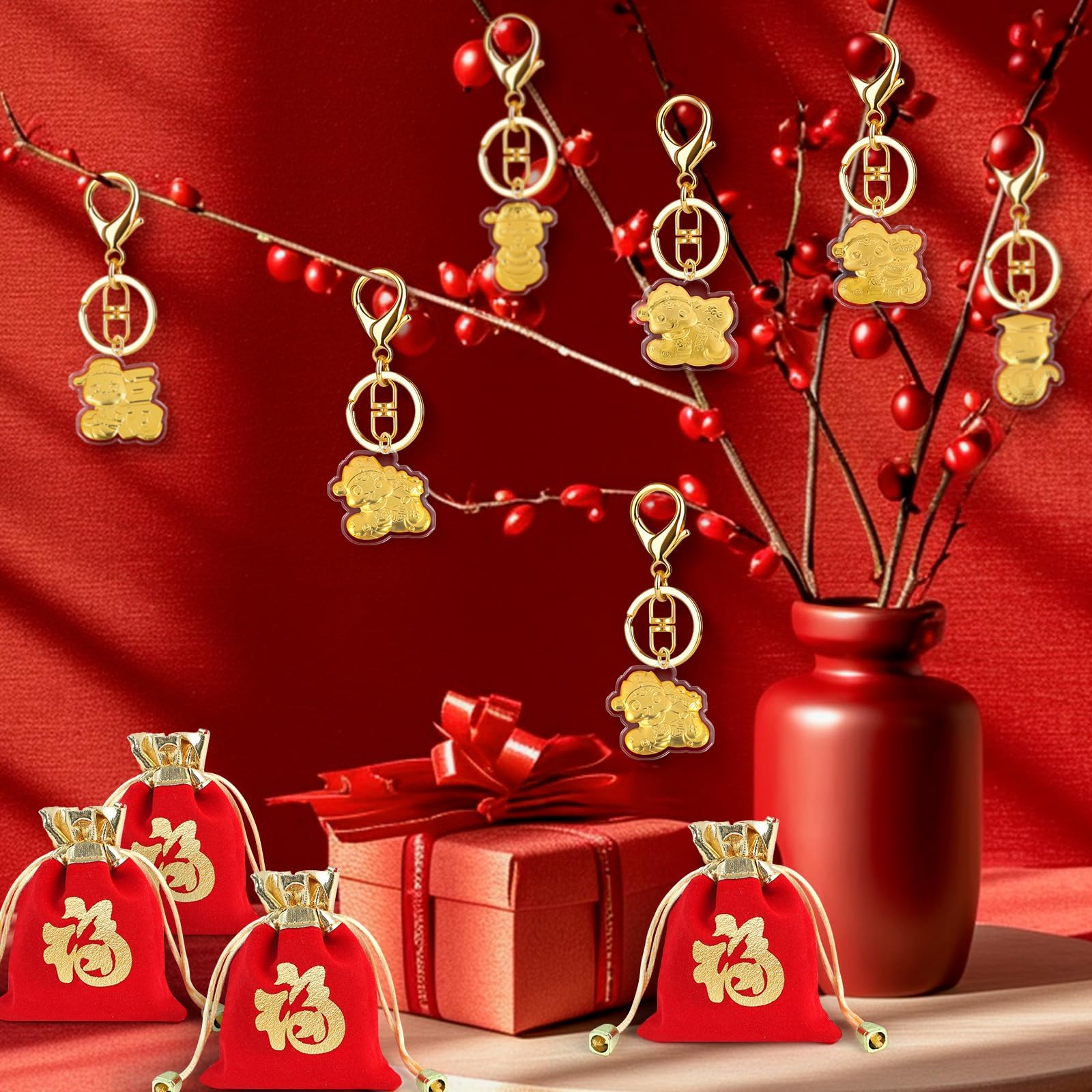 12 Sets Snake Keychains - 2025 Chinese Zodiac Snake Keyrings with Red Fu Drawstring Bags - Perfect for Lunar New Year Gifts, Party Favors & Home Decor