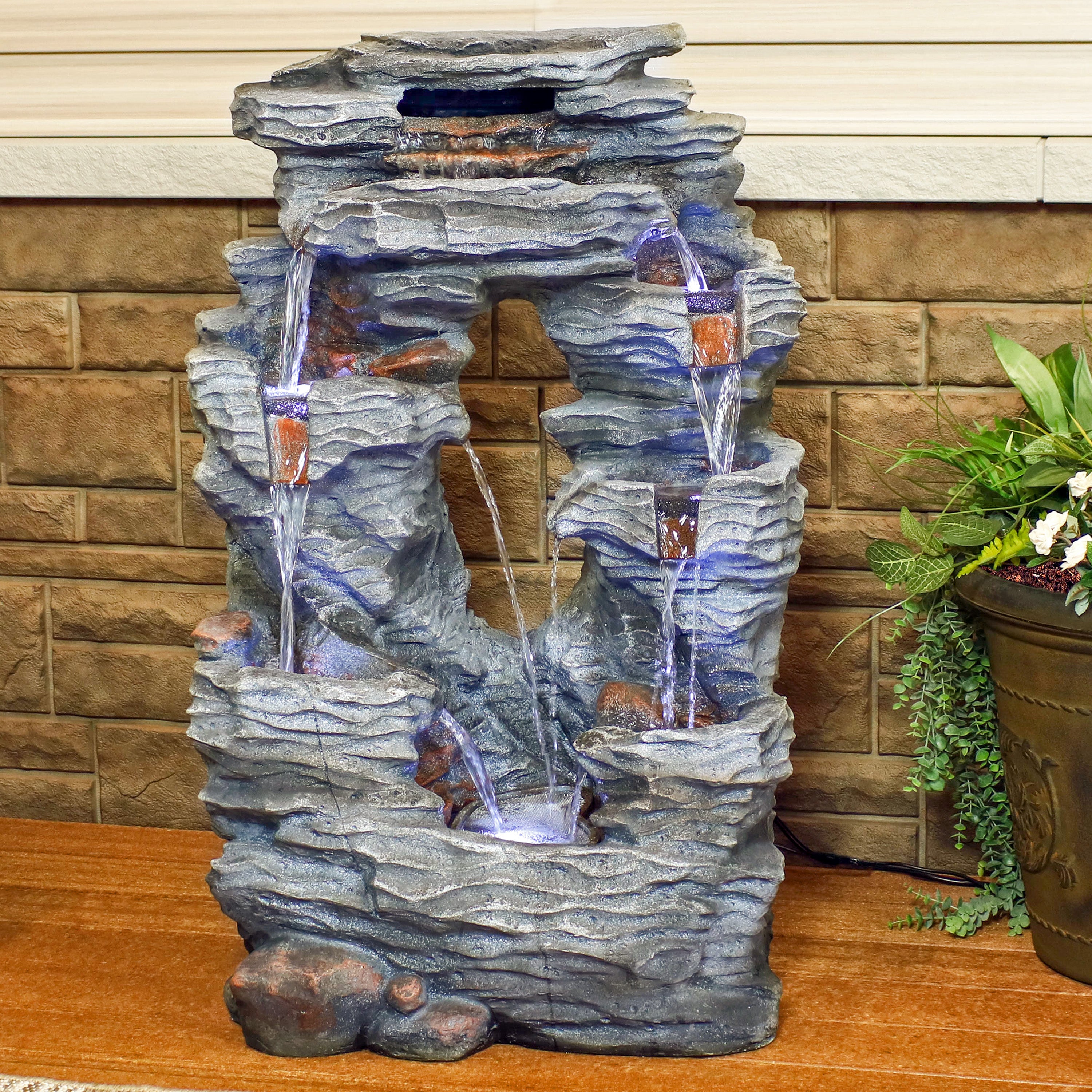 Outdoor Solar-Powered Dual Cascading Rock Waterfall Fountain with LED Lights & Submersible Pump - Perfect for Garden, Patio, and Backyard Decor