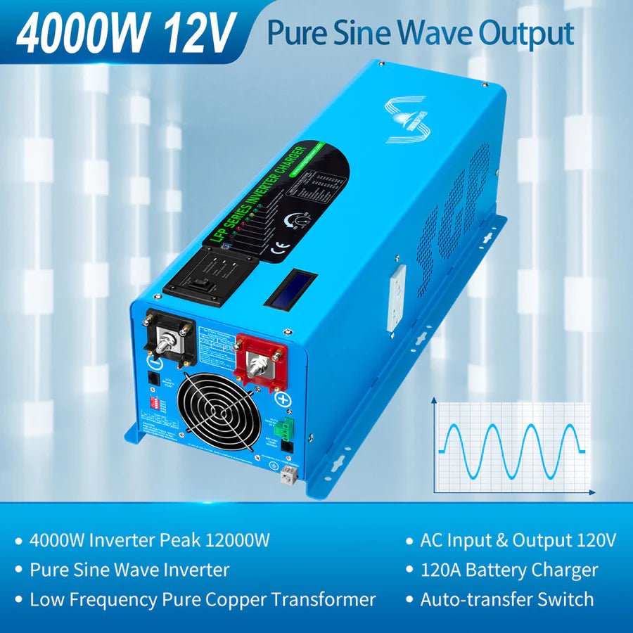 SunGoldPower 4000W 12V Pure Sine Wave Power Inverter with Built-in Charger - Perfect for RVs, Boats, Off-Grid Solar Systems & Emergency Backup Power