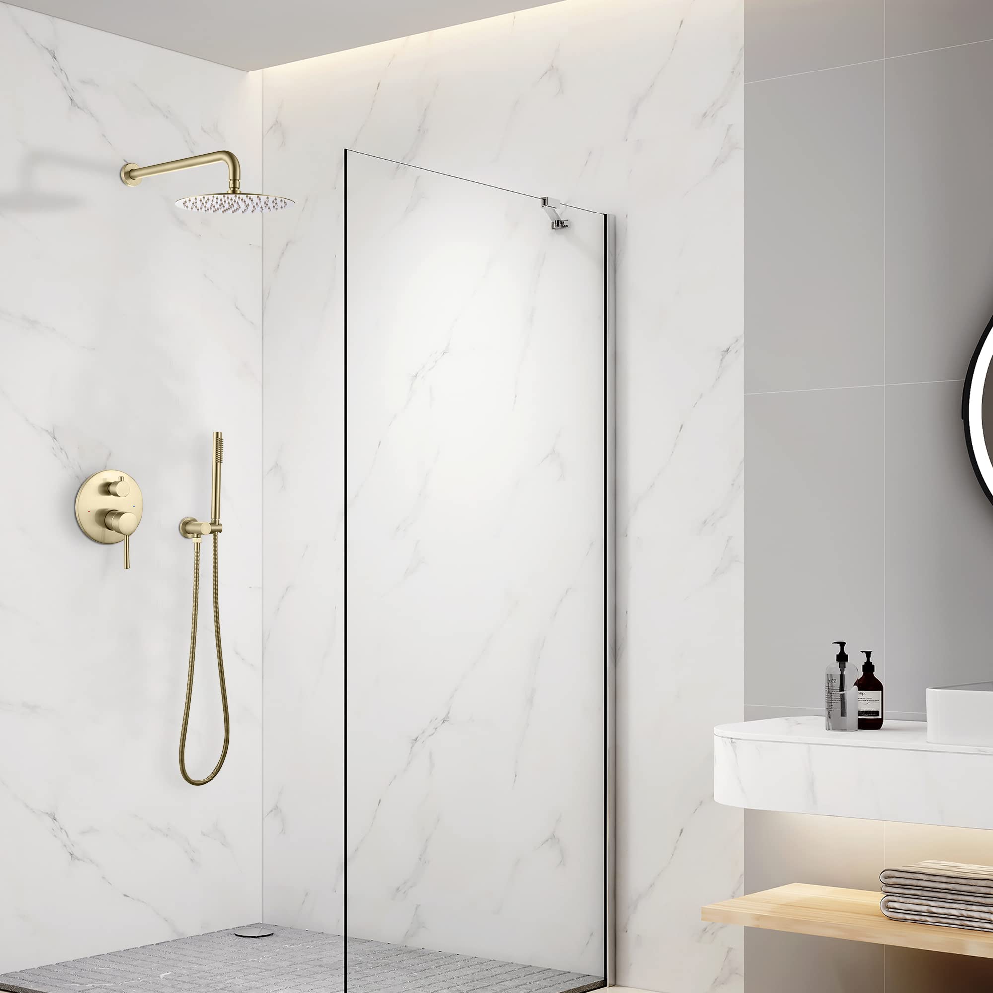 10 Inch Brushed Gold Wall Mount Shower Faucet Set - High Pressure Rainfall Shower Head with Handheld Spray - Brass Bathroom Shower System for Luxury Spa Experience