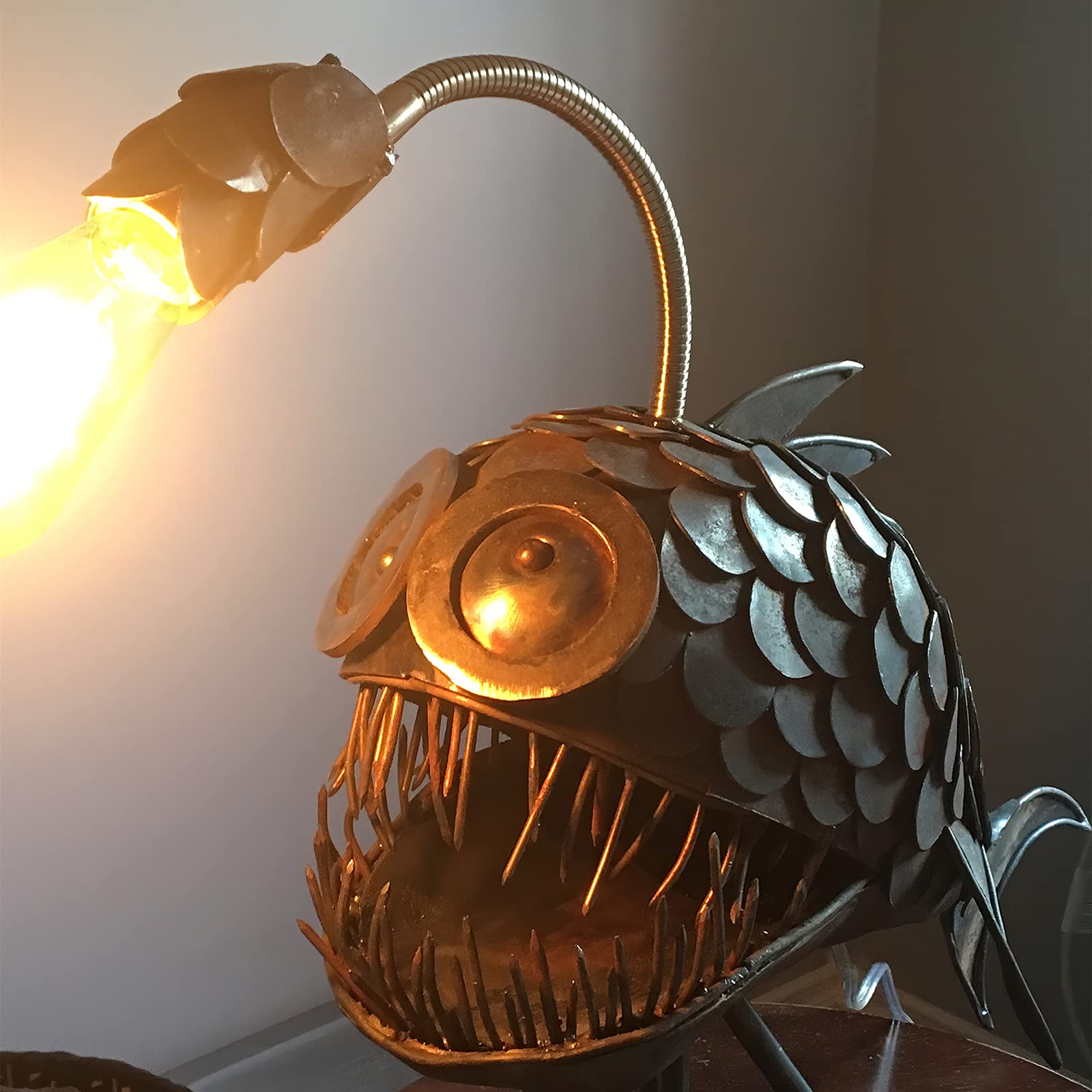 CAFELE Rustic USB Angler Fish Lamp - Steampunk Style Shark Table Lamp with Realistic LED Flame Bulbs, Handmade Night Light for Bedroom, Office & Reading | Unique Industrial Home Decor Gift (Medium Size)