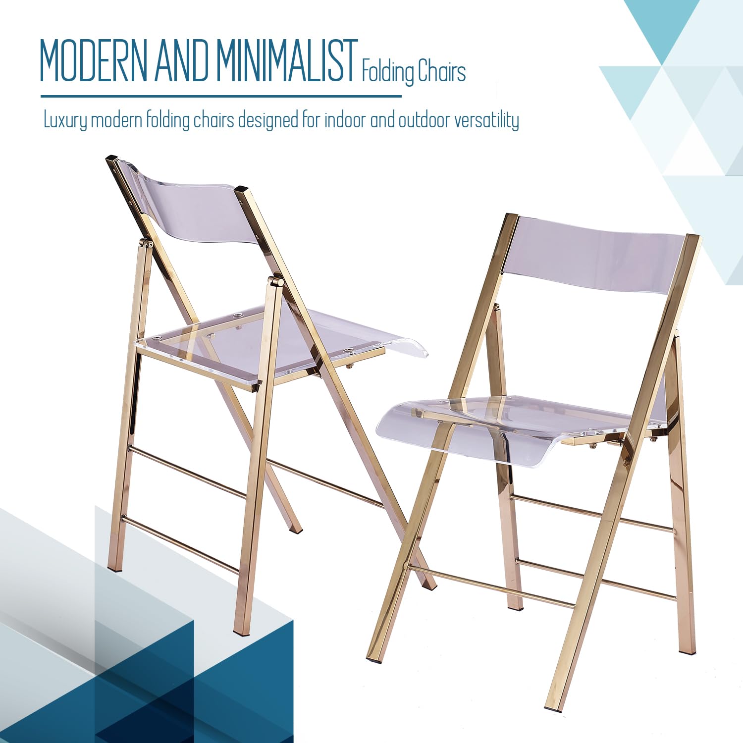 Kasper Flex Modern Acrylic Folding Chairs – Clear Transparent Lucite Chair with Chrome Steel Frame for Dining Room, Office, Patio, Wedding & Events – Space Saving Foldable Design – Gold Finish (Set of 1) – Perfect for Small Spaces, Home Decor & Party Seating
