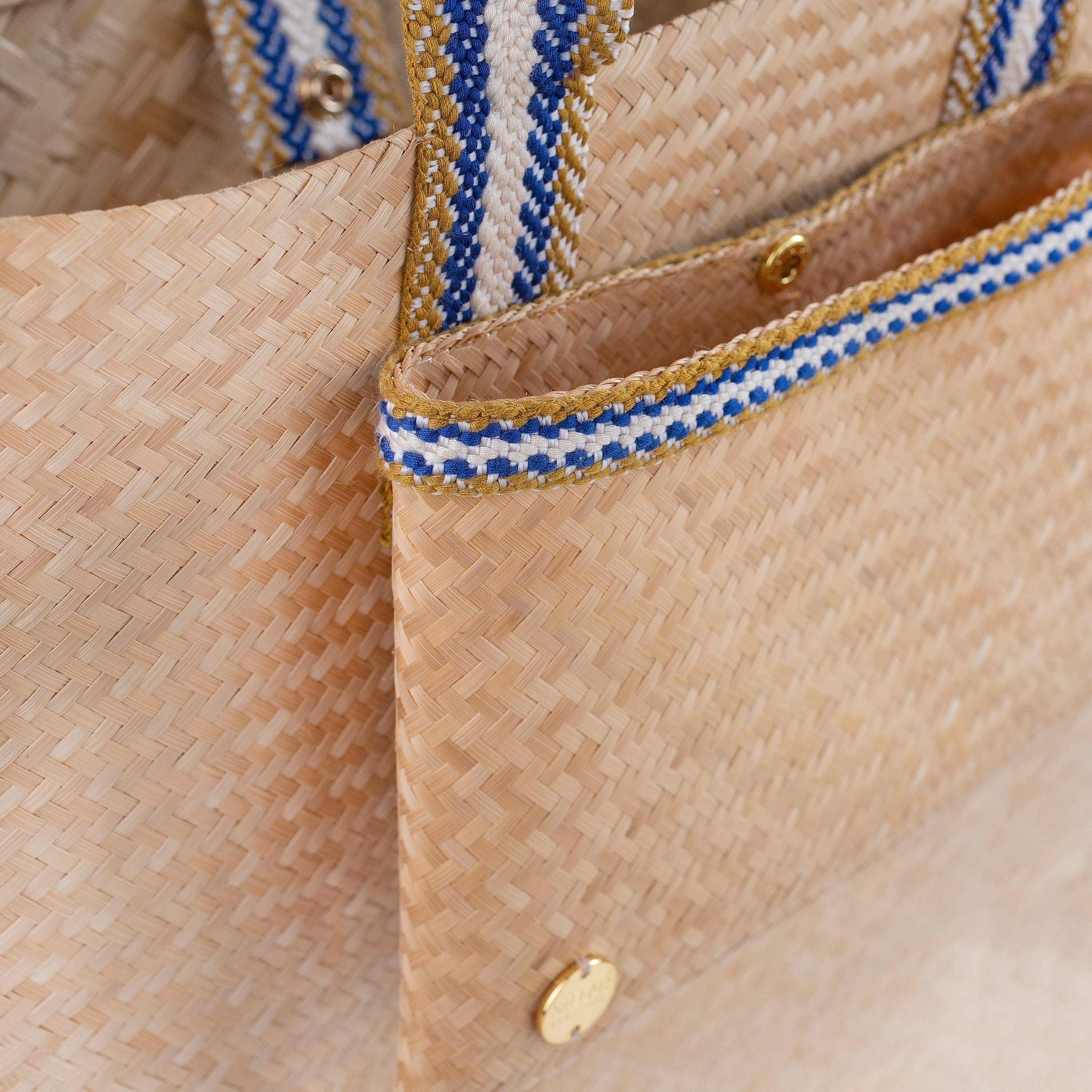 Lembata Bamboo Small Shopper Bag - Eco-Friendly Reusable Tote with Neutral & Blue Stripe Design - Perfect for Grocery Shopping, Beach Trips and Daily Use