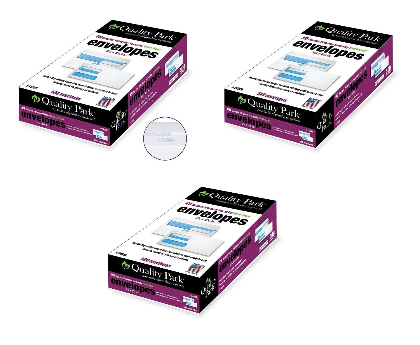 #9 Double Window Security Tinted Envelopes - Self Seal Closure for Invoices & Statements - 24 lb. White Wove Paper - 3-7/8 x 8-7/8 Inches - 3 Pack (1500 Envelopes Total) - Ideal for Business Mailing, Billing & Office Documents