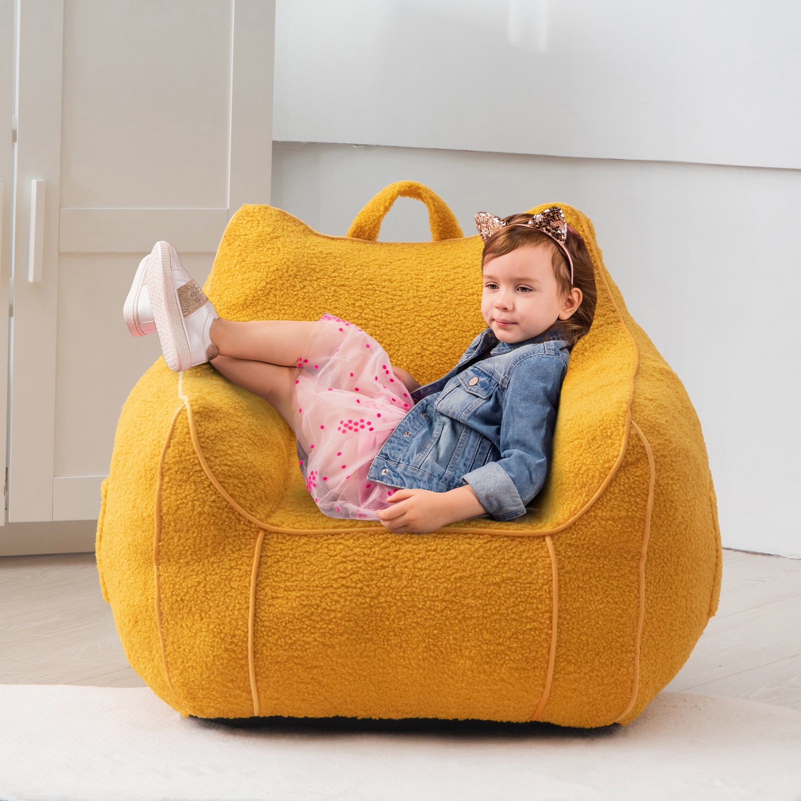 MAXYOYO Kids Sherpa Bean Bag Chair & Couch - Soft Plush Comfort with Decorative Edges for Children's Room, Nursery, Playroom (Lemon Yellow) - Perfect for Reading, Gaming & Relaxing