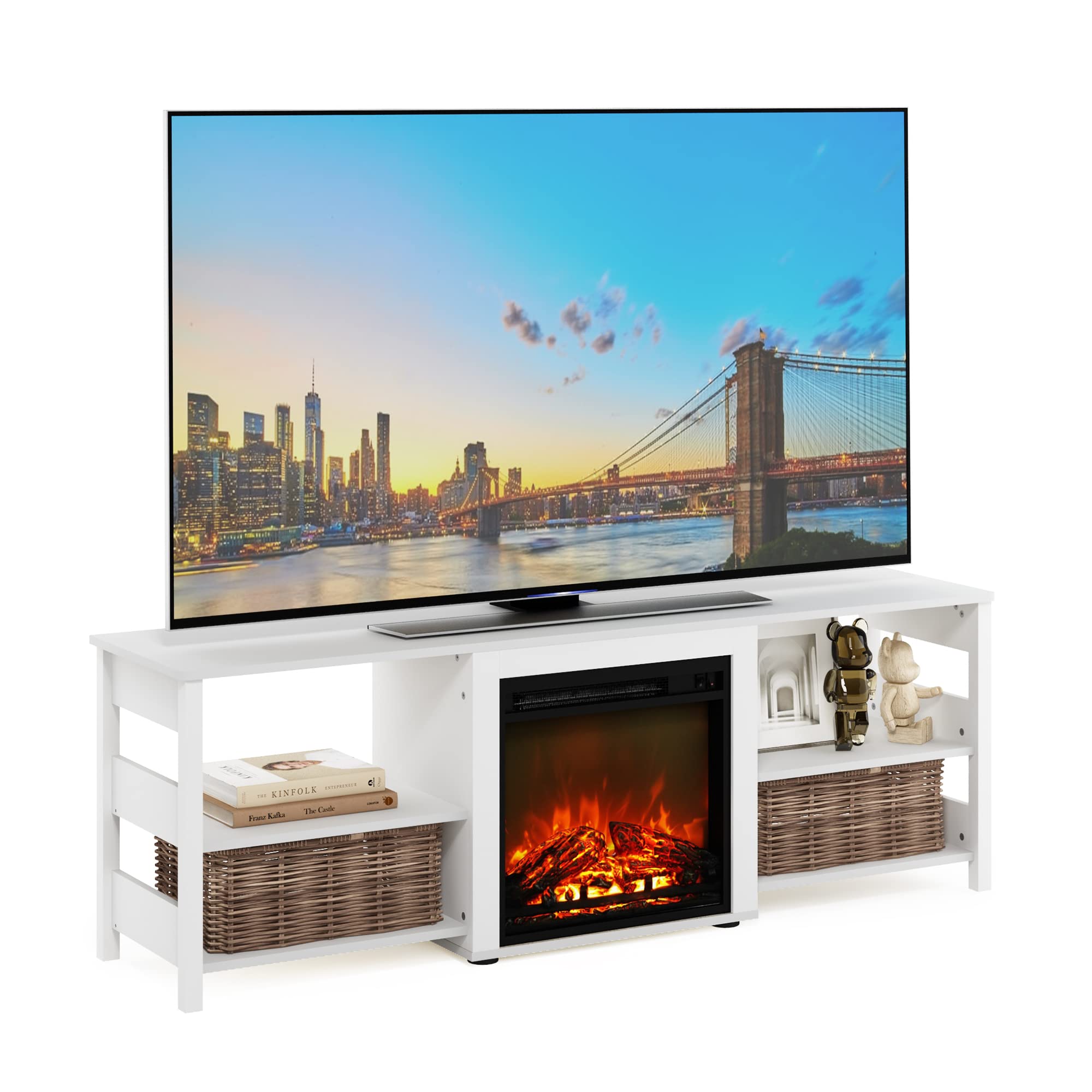 Furinno Classic 70 Inch TV Stand with Built-in Electric Fireplace, White Embossed Finish - Perfect for Living Room, Bedroom & Home Theater Setup