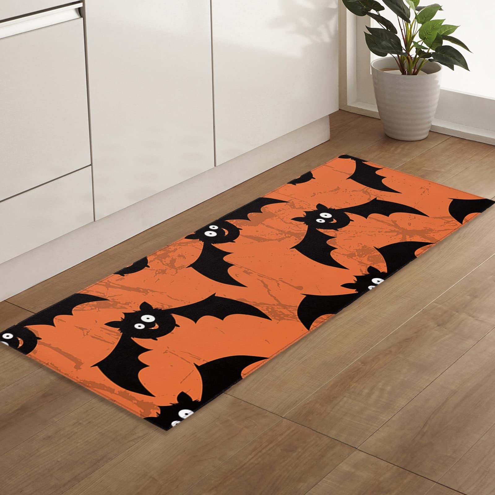 Soft Plush Non-Slip Halloween Bathroom Mat - Orange Cartoon Bats Shaggy Bath Rug, Absorbent Fluffy Doormat for Bedroom, Living Room & Indoor Use (24x71 inch) - Perfect for Halloween Decor, Bathroom Safety & Cozy Home Accents