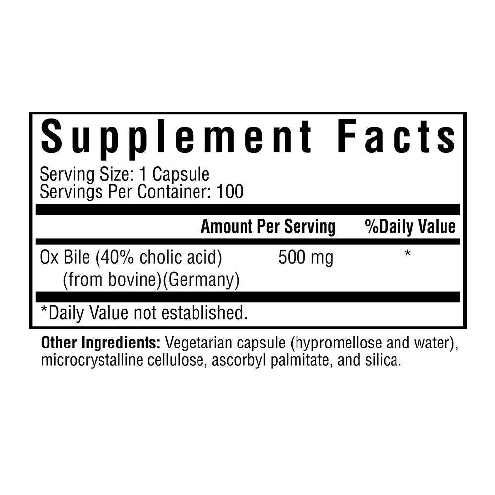 Sk Ox Bile 500mg 100 Capsules - Supports Digestion & Liver Health - Natural Bile Salts Supplement for Fat Absorption & Gallbladder Function - Perfect for Keto Diet & Digestive Wellness
