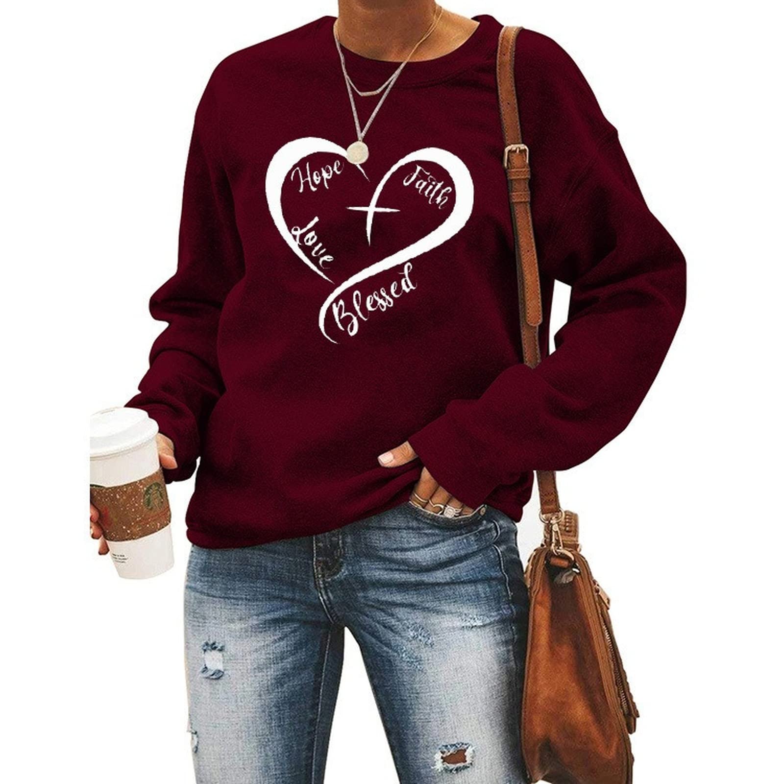 Christian Heart Sweatshirt for Women - Hope Faith Love Blessed Pullover | Religious Apparel for Church, Bible Study & Everyday Wear