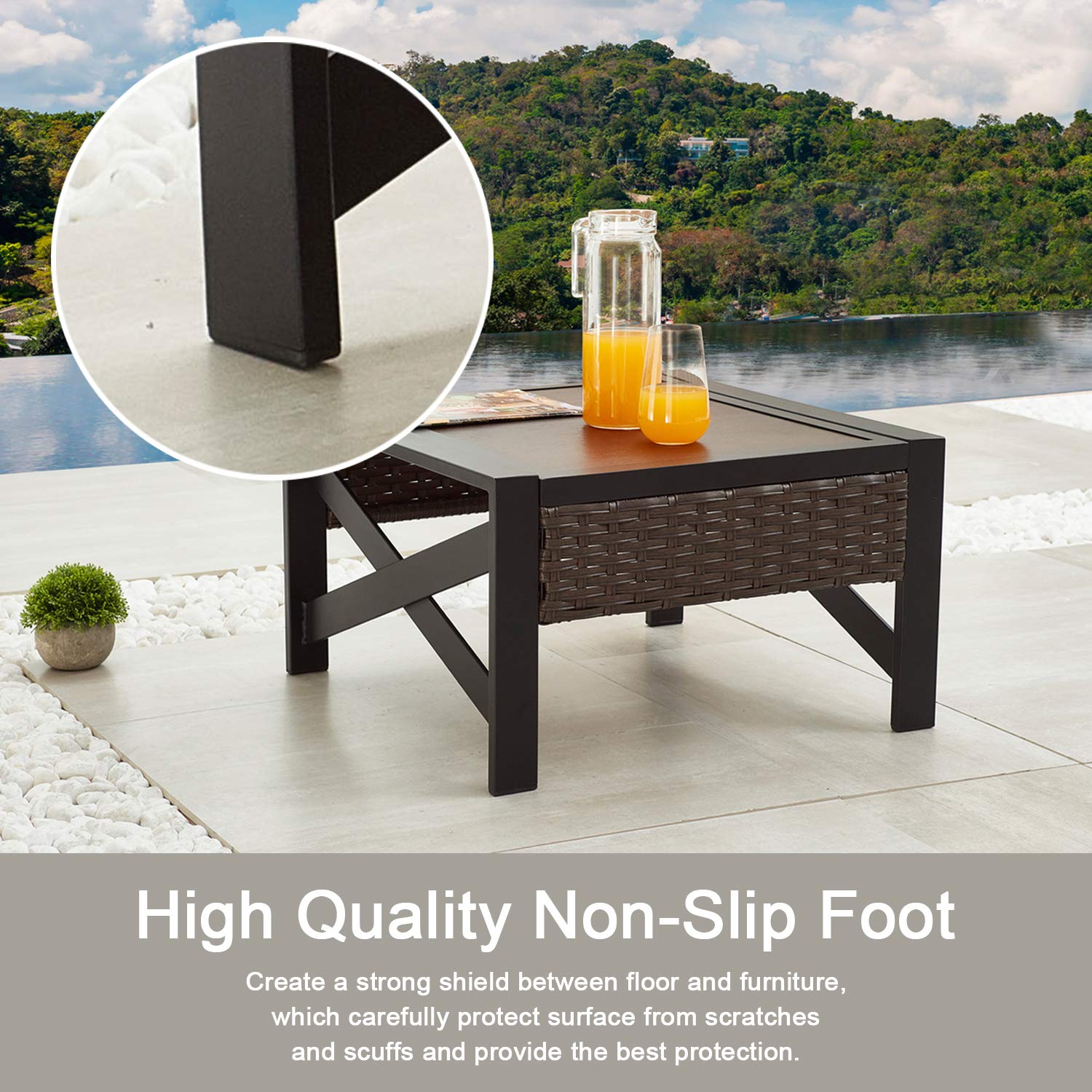 Brown PE Wicker Square End Table - Outdoor Metal Rattan Side Table for Patio, Garden, Deck & Pool - Perfect for Tea Time, Lounging & Entertaining