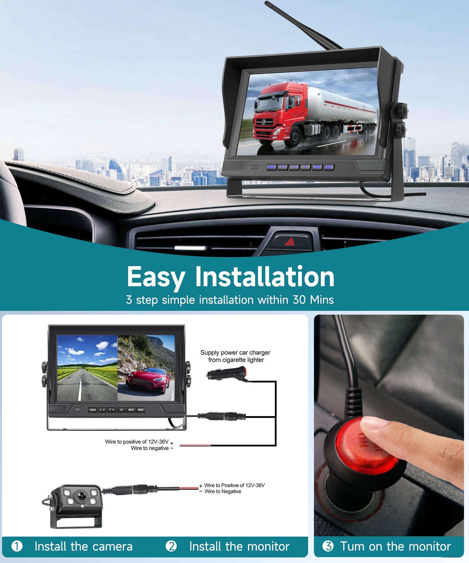 POFOFO 9-Inch AHD Wireless Backup Camera System with Night Vision & Waterproof Design - 2 Split Screen, DVR Dash for RV, Travel Trailer, Truck, Camper, Bus, Van, Pickup - Perfect for Safe Parking, Reversing & Blind Spot Monitoring