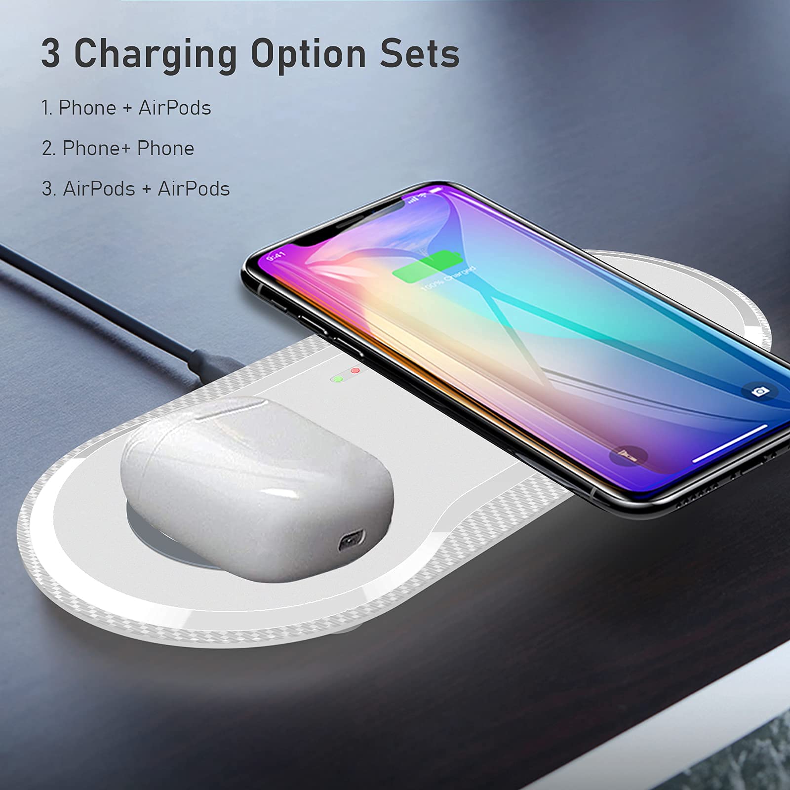 30W Fast Wireless Charger, Vchiming 2-in-1 Wireless Charging Pad with Dual 15W Output - Compatible with iPhone 15/14/13, Galaxy S23/S22, AirPods Pro/Buds (Includes Type-C Cable) - Perfect for Bedside, Office & Travel - White