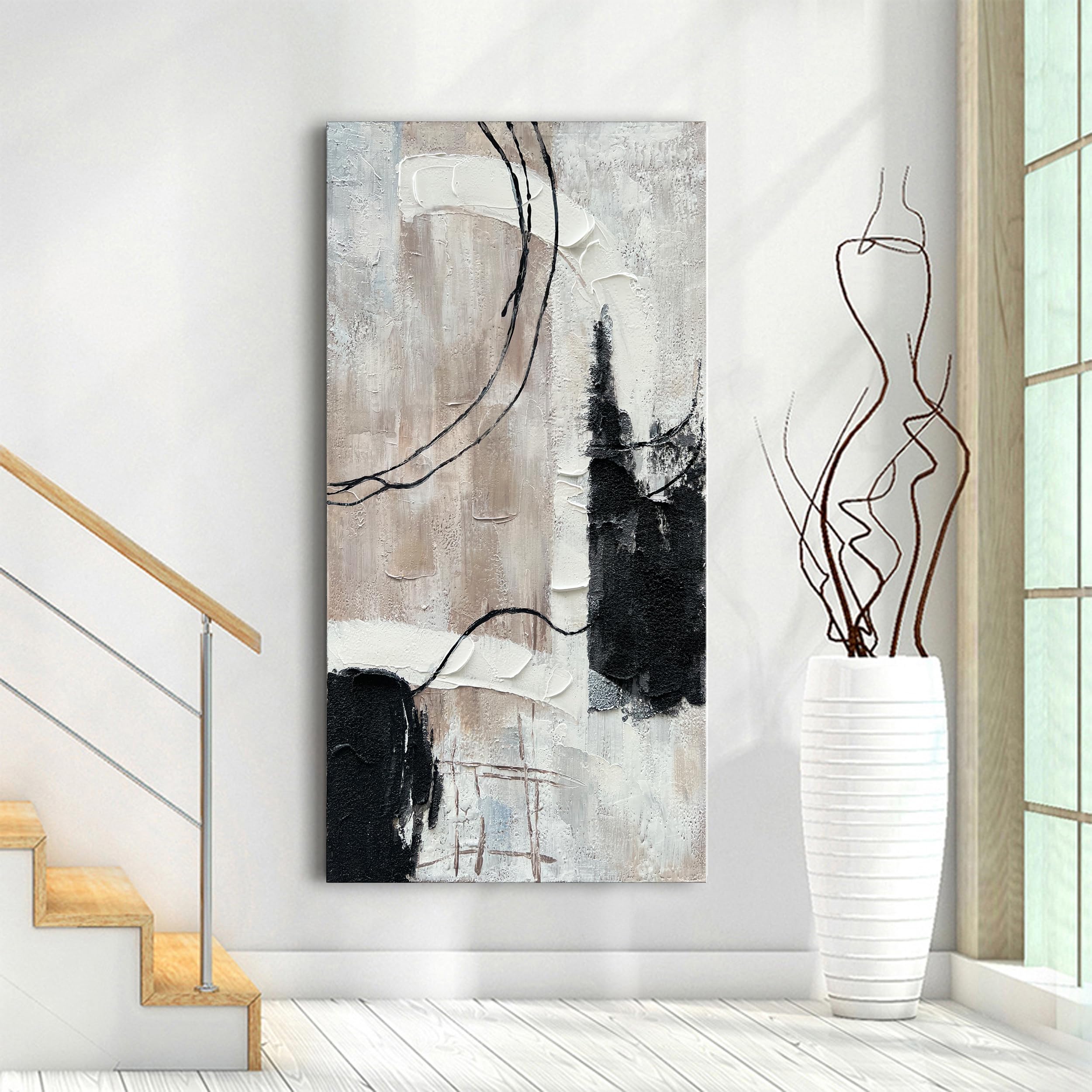 Hand-Painted Black & White Abstract Oil Painting on Canvas - Modern Large Wall Art Decor (47x23 Inch) for Living Room, Bedroom & Office