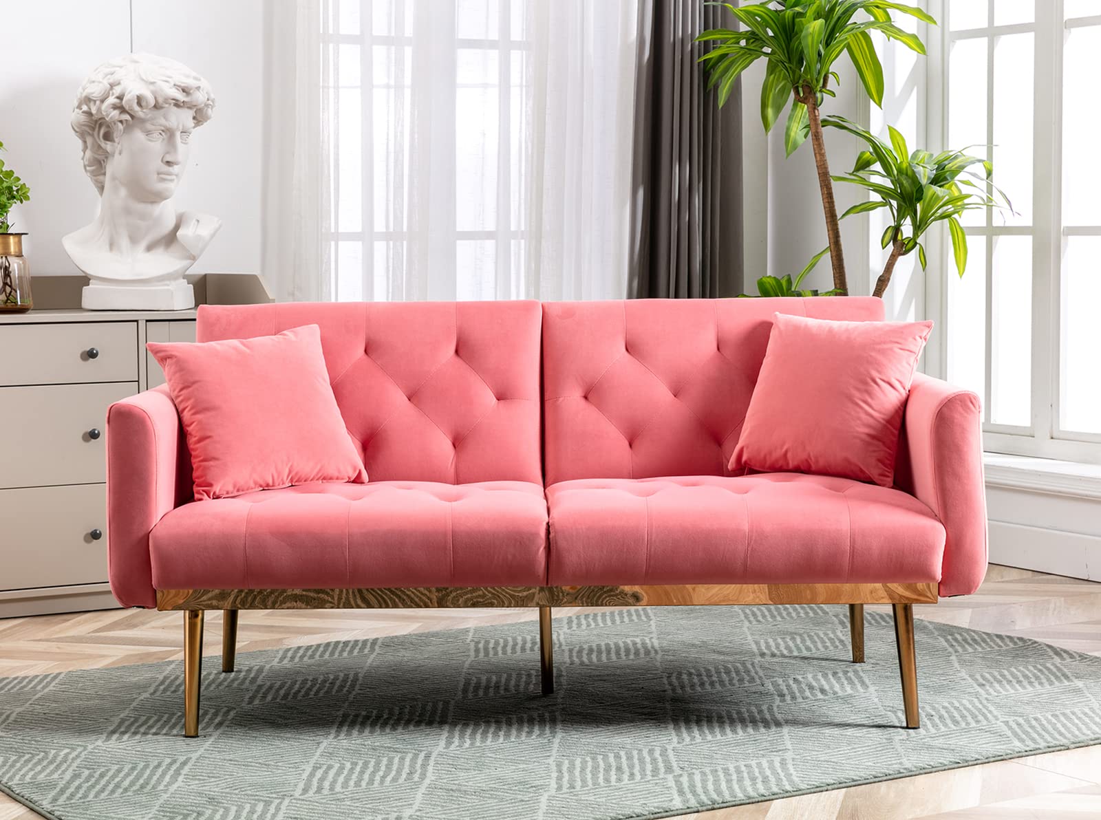 Antetek Velvet Futon Sofa Bed - 3 Adjustable Positions, Small Sleeper Loveseat with 2 Decorative Pillows, Modern Convertible Couch with Metal Tapered Legs (Peach) | Perfect for Small Apartments, Guest Rooms & Home Offices