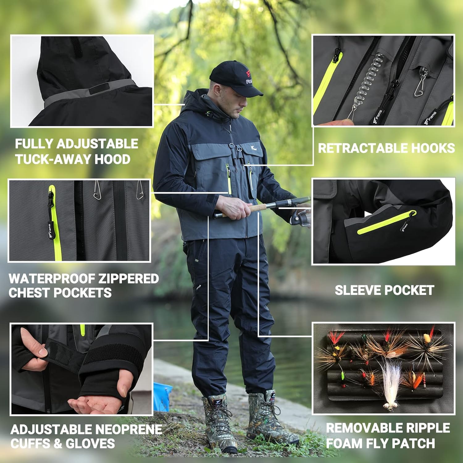 8 Fans Breathable Waterproof Fishing Wading Jacket for Men & Women - Lightweight Rain Jacket for Fly Fishing, Kayaking & Outdoor Adventures