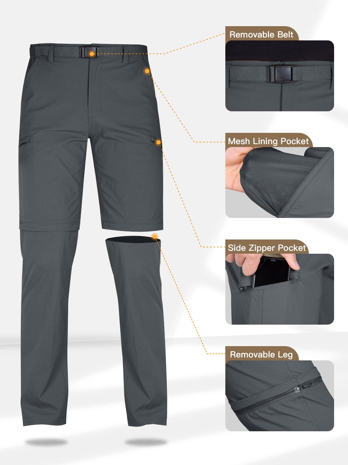 FREE SOLDIER Men's Outdoor Convertible Hiking Pants with Belt - Lightweight Quick-Dry Tactical Cargo Pants - Nylon Spandex Stretch - Perfect for Hiking, Camping & Outdoor Adventures