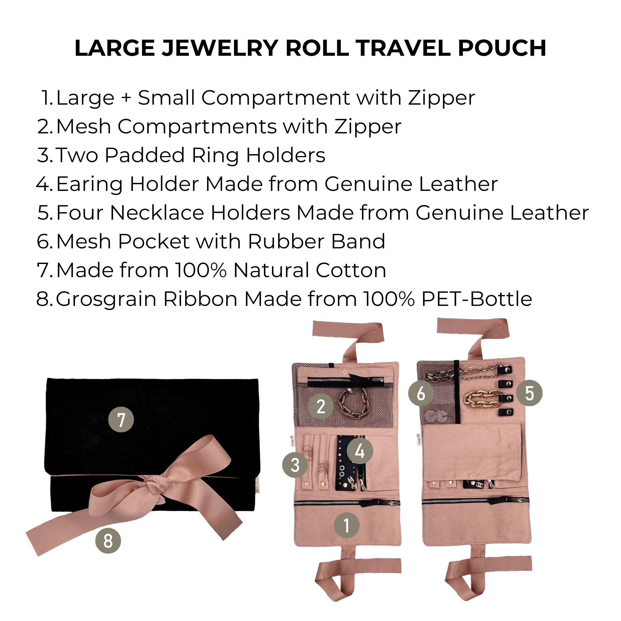 Large Jewelry Roll Travel Pouch - Black Velvet Jewelry Organizer for Necklaces, Rings & Earrings - Perfect for Travel, Vacation & Daily Storage